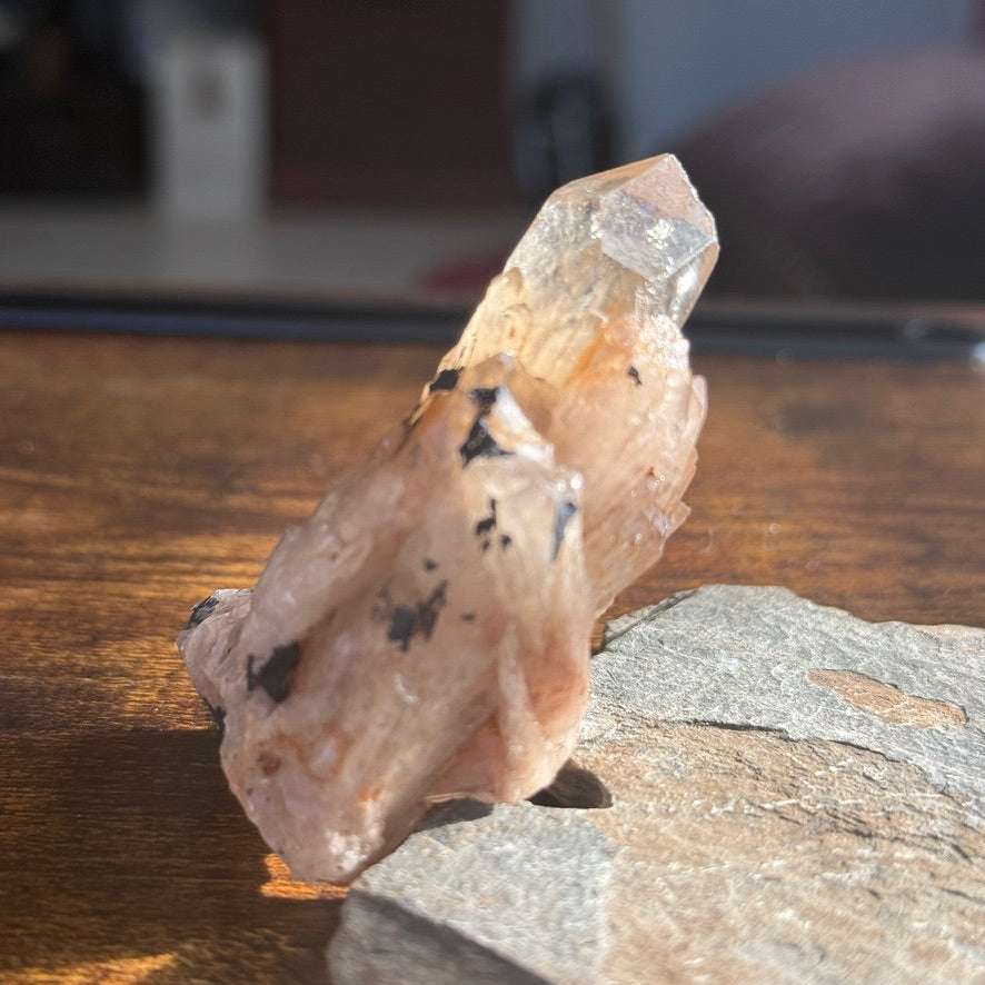 Natural Kundalini Citrine Shadow Cluster with hematite inclusions, promoting manifestation and self-awareness.
