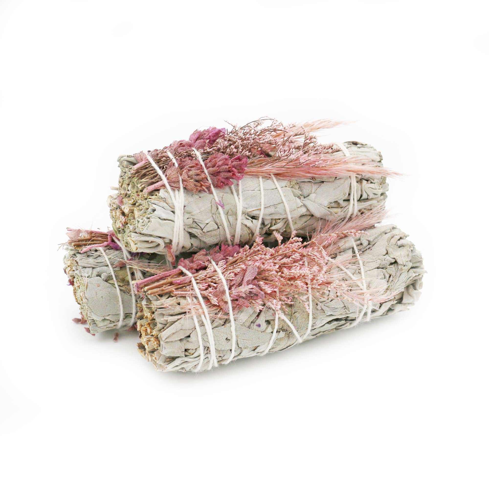 Pink bouquet floral white sage smudge stick with organic ingredients, 4 inches.