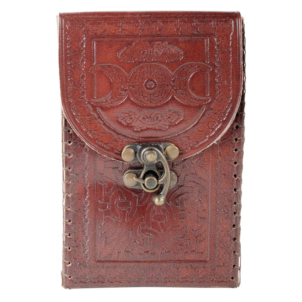 Triple Moon Tarot Card Leather Holder with intricate design, ideal for spiritual use.