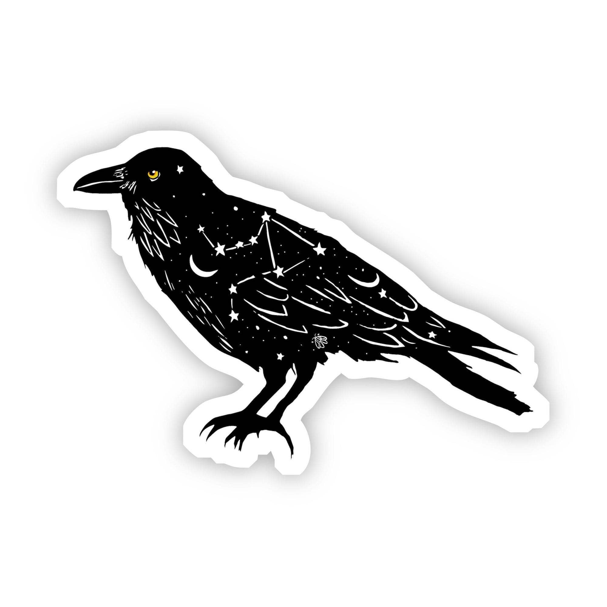 Black bird sticker with constellation stars and moon design, waterproof and durable vinyl decoration for water bottles, phones, or laptops.