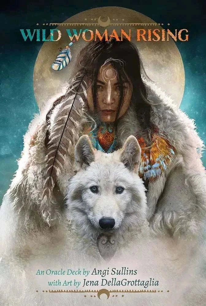 Wild Woman Rising Oracle Deck with mystical woman and white wolf against full moon background