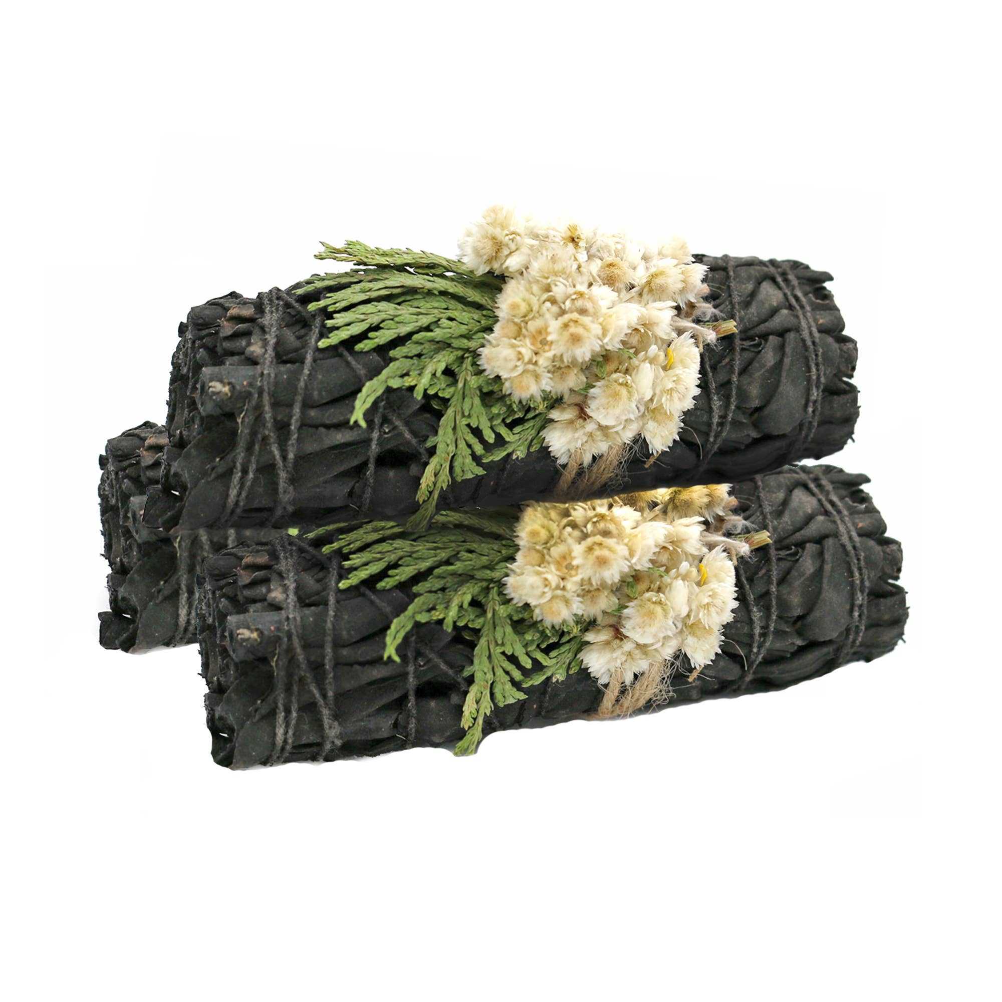 'Midnight Bloom' 4 inch black white sage smudge sticks with cedar and mullein flowers for cleansing and spiritual harmony