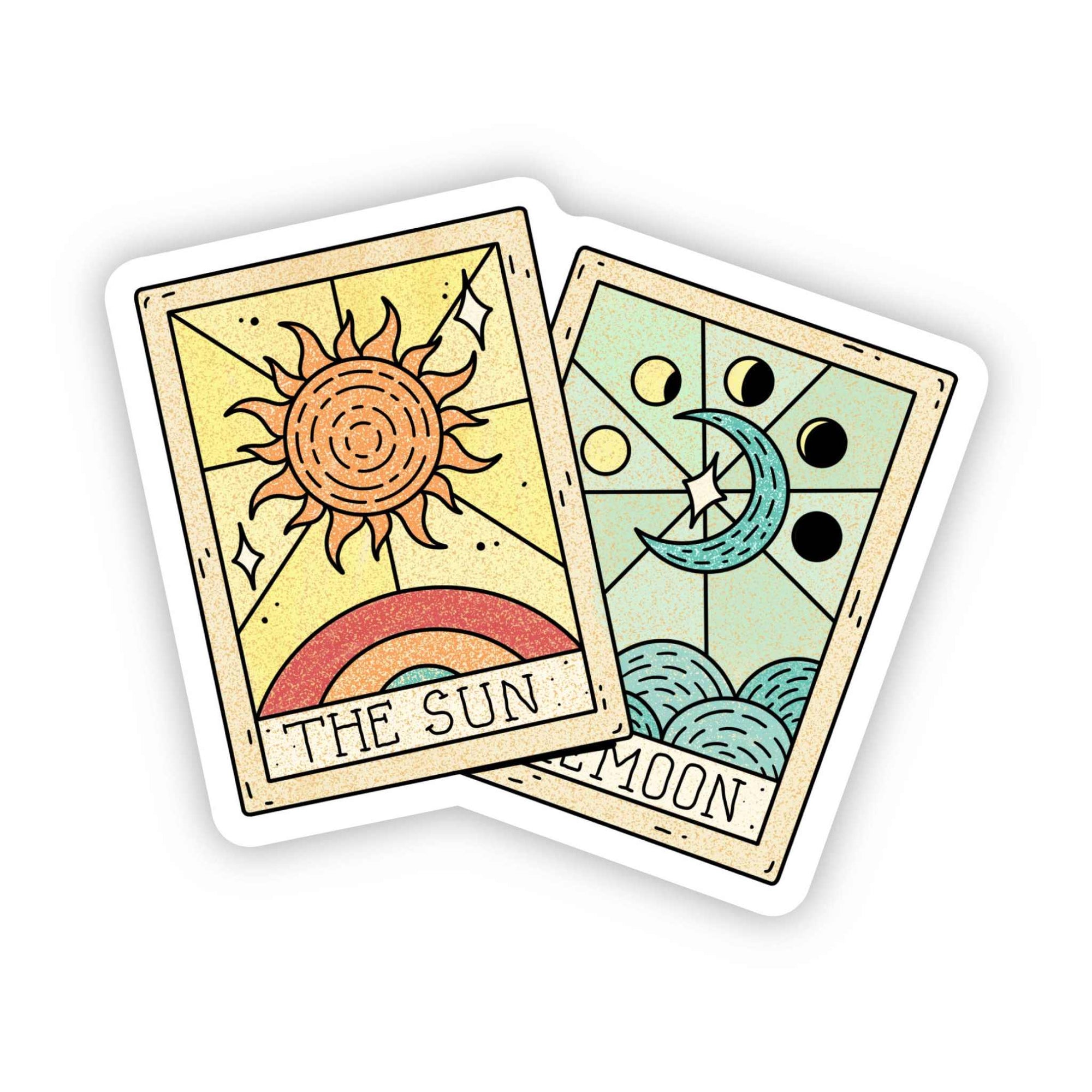 The Sun & The Moon tarot card sticker set with vibrant sun and moon illustrations, waterproof and durable vinyl design