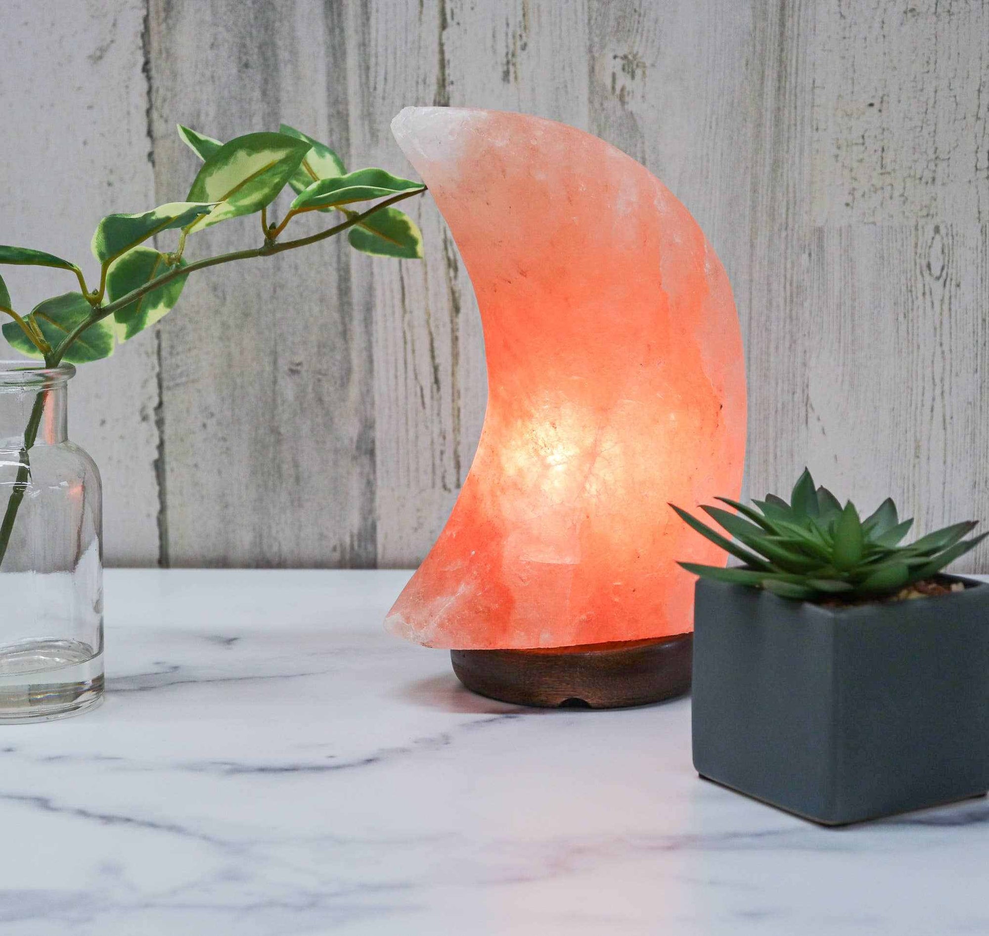 Moon-shaped 9-inch pink Himalayan salt lamp glowing warmly on a white marble surface with plants nearby
