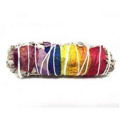 4" White Sage w/ 7 Chakra Rose Petals - Sacred Crystals Smudge Sticks