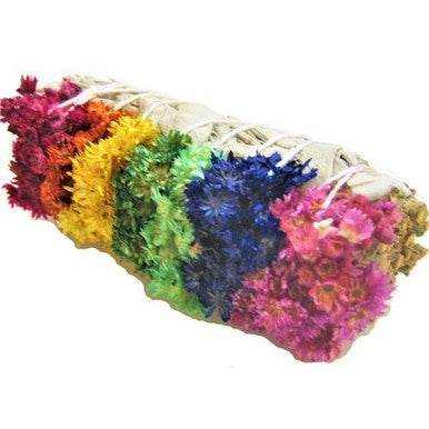 4" White Sage w/Rainbow Mullein (7 Chakra) - Sacred Crystals Smudge Sticks