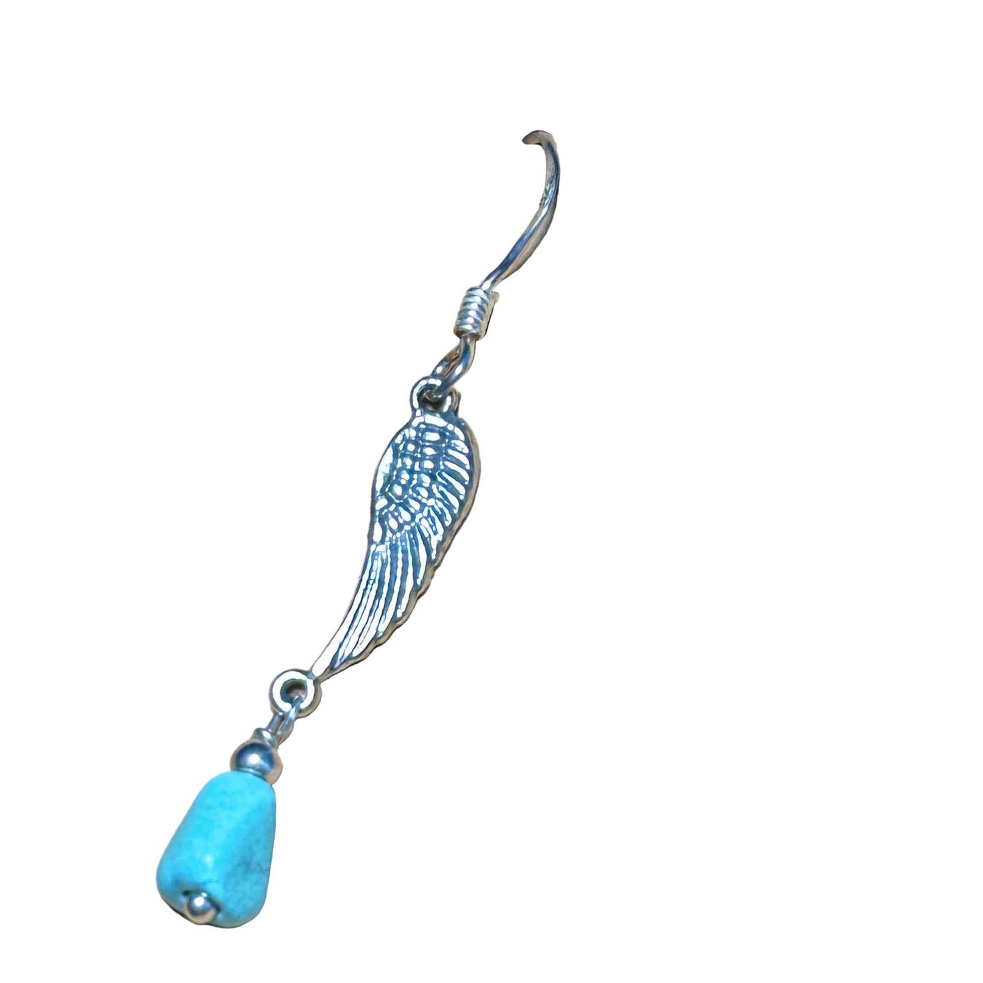 Sterling silver wing earring with natural turquoise stone drop, handcrafted artisan design.