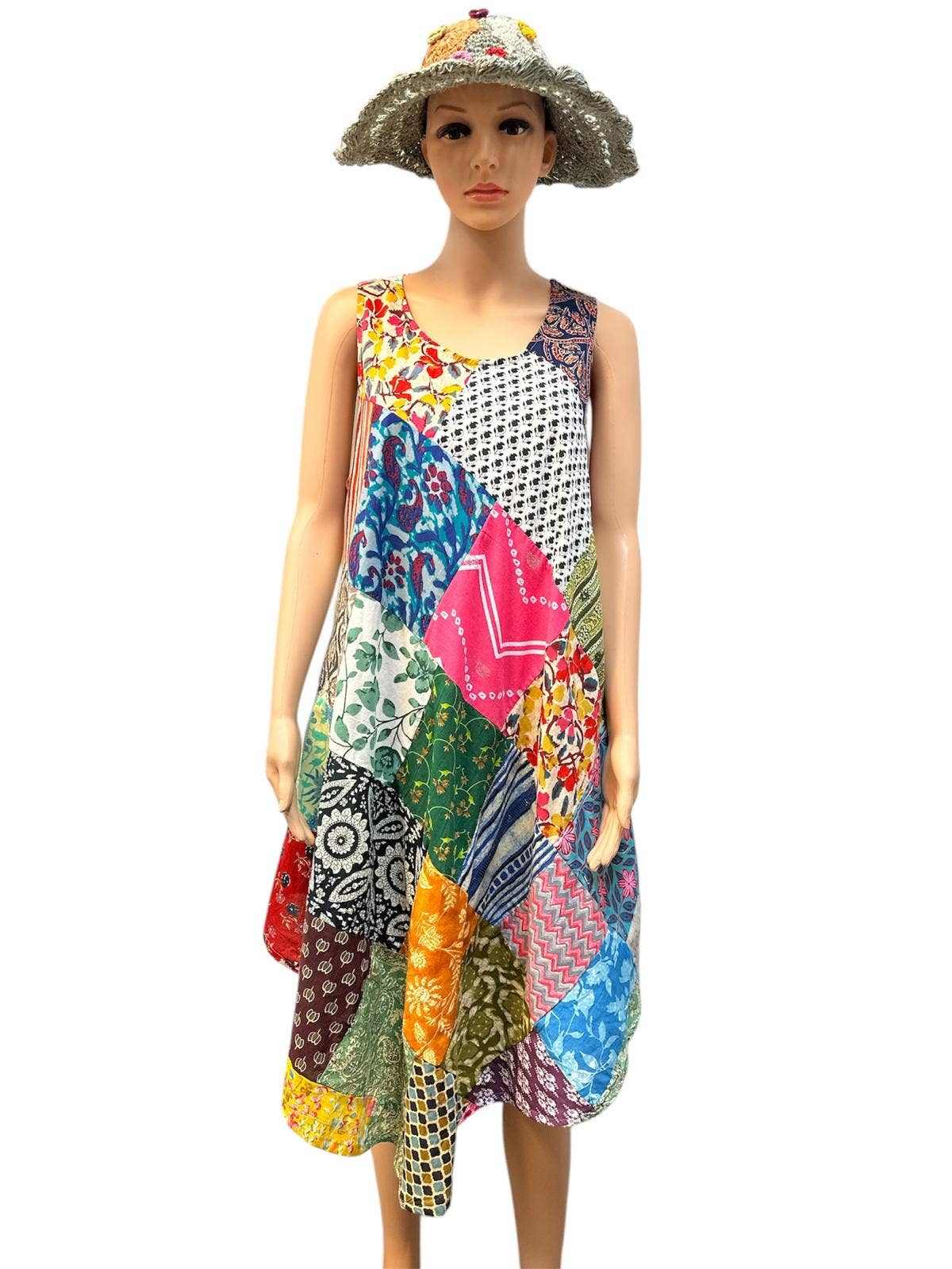 Colorful Cotton Multi Patch Sun Dress with vibrant Nepalese patchwork design on mannequin wearing straw hat