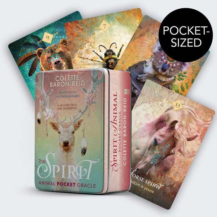 Spirit Animal Pocket Oracle Deck in keepsake tin with illustrated cards featuring animal spirits.