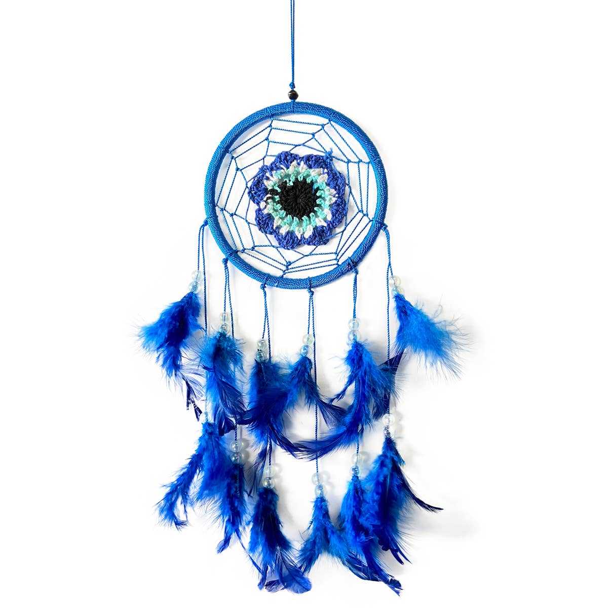 Evil Eye Dream Catcher with Blue Feathers