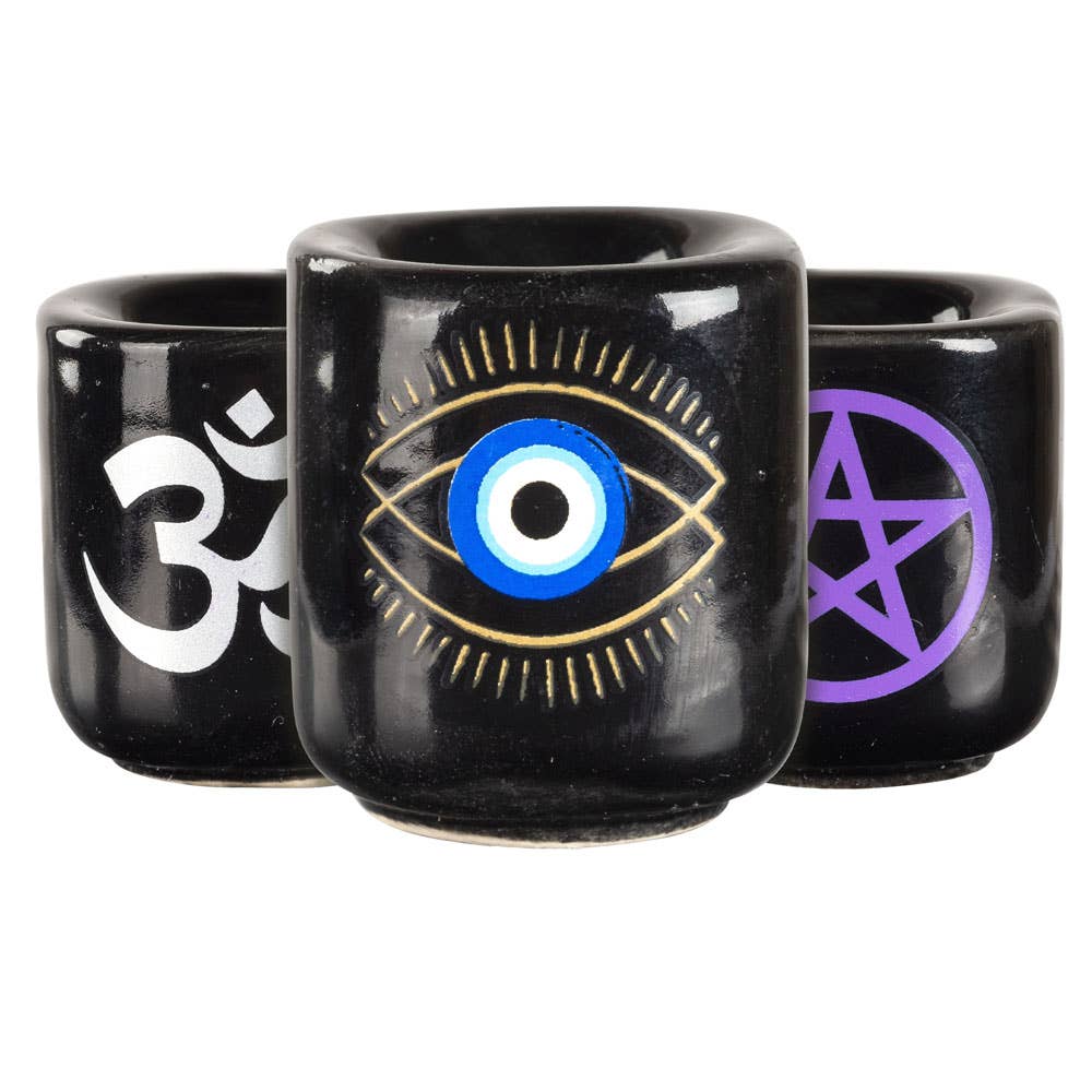 Mini candle holders with global design, ideal for 0.5" candles, featuring handcrafted artisan patterns.
