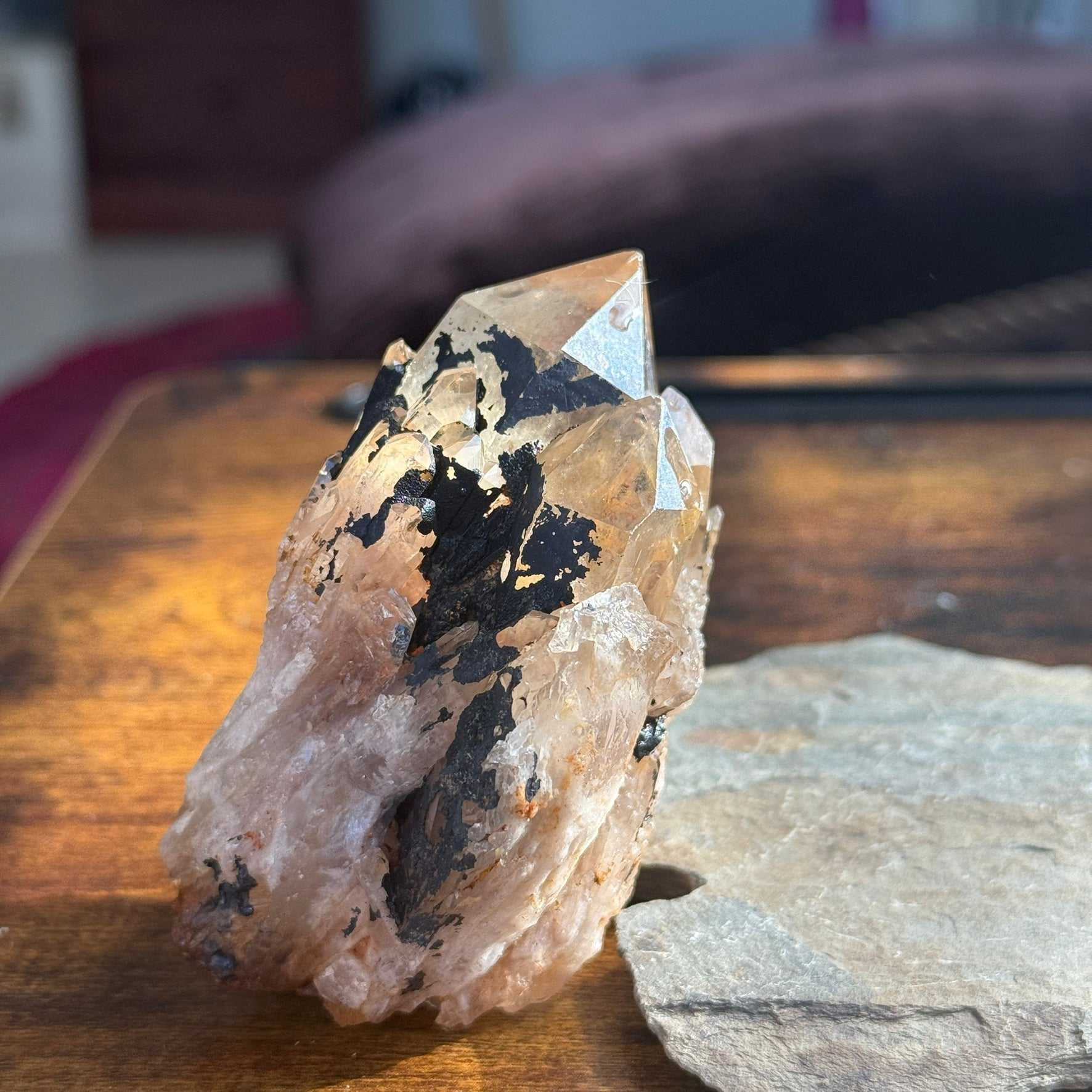 Natural Kundalini Citrine Phaser Cluster with red clay, enhances energy focus, boosts confidence.