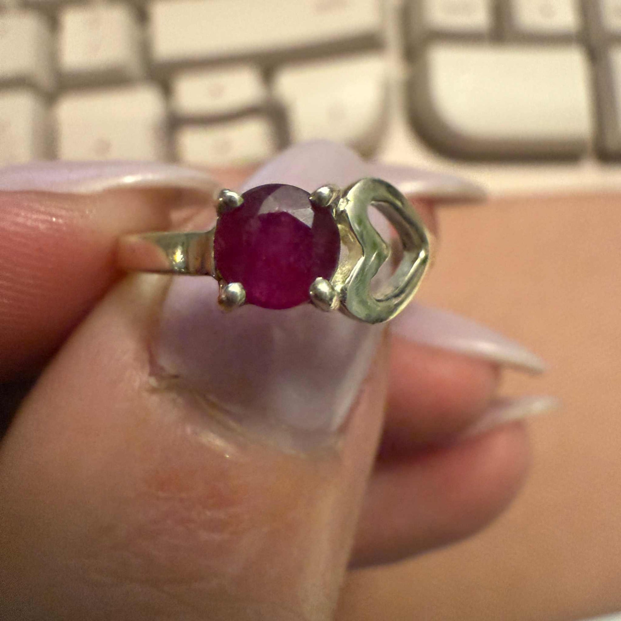 Dainty Ruby Sterling Silver Heart Ring, Size 5