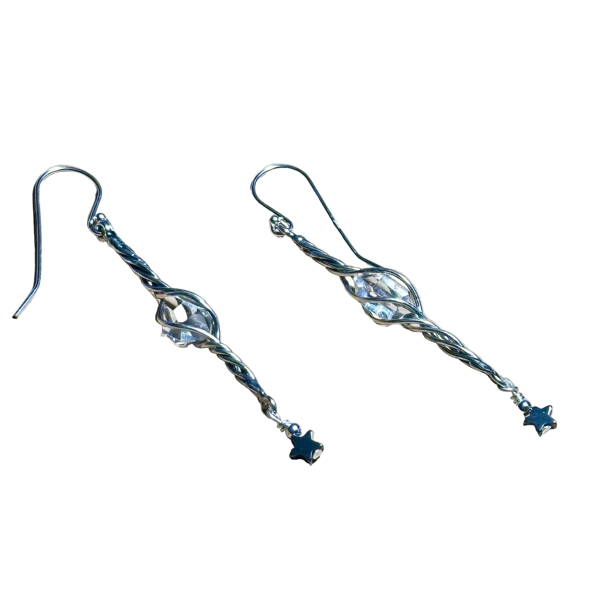 Limited Edition Herkimer Spiral dangle earrings in sterling silver with intricate spiral design and star charm