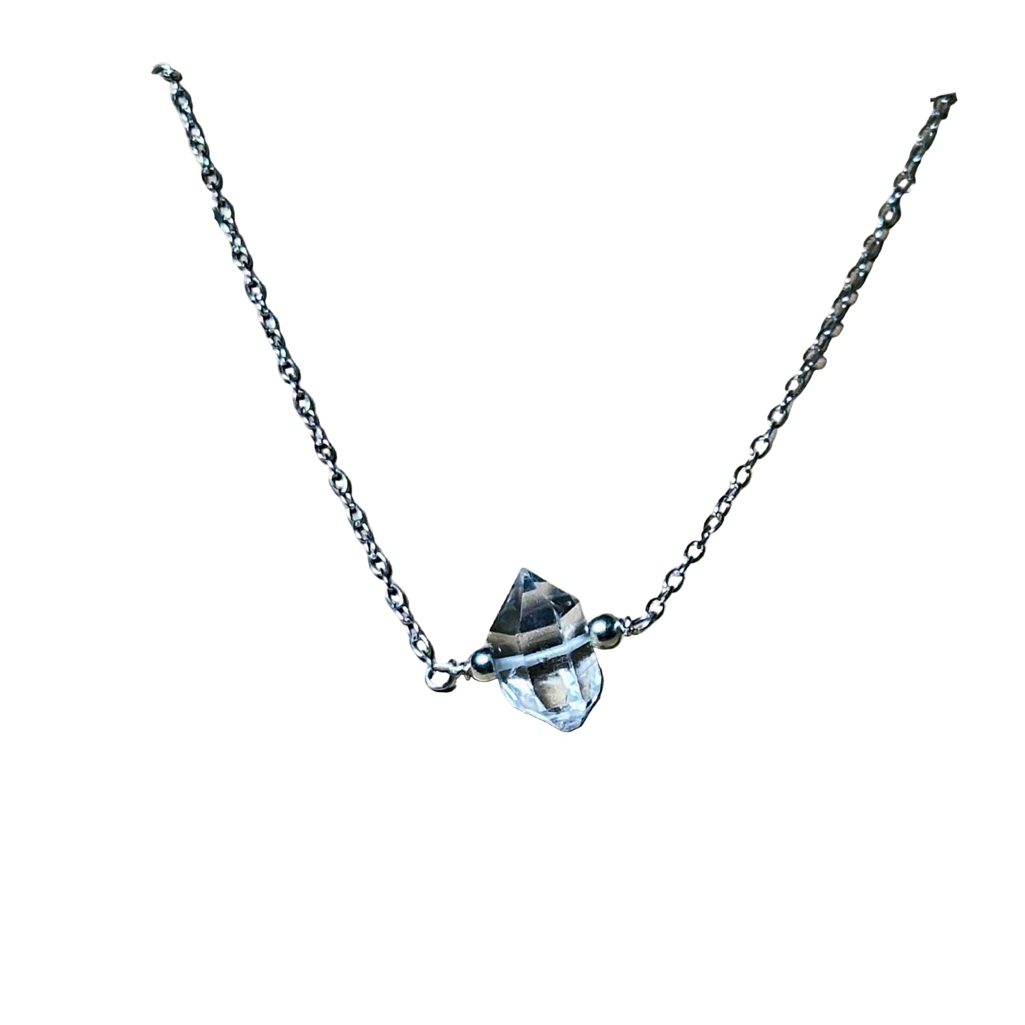 Sterling silver chain necklace with natural double-terminated Herkimer diamond quartz crystal pendant for spiritual energy and clarity