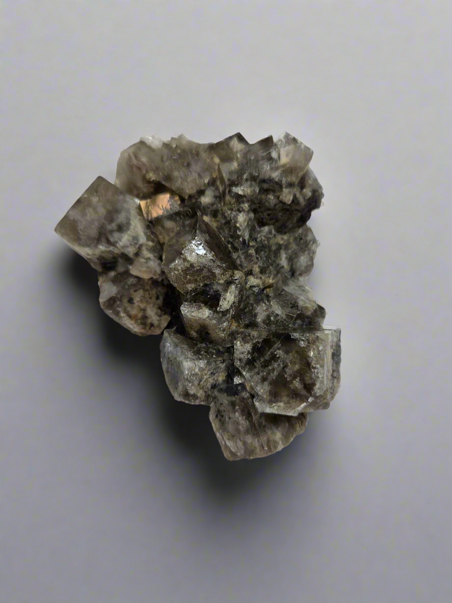 Smokey Fluorite Cluster Specimen with dark translucent crystals on light background