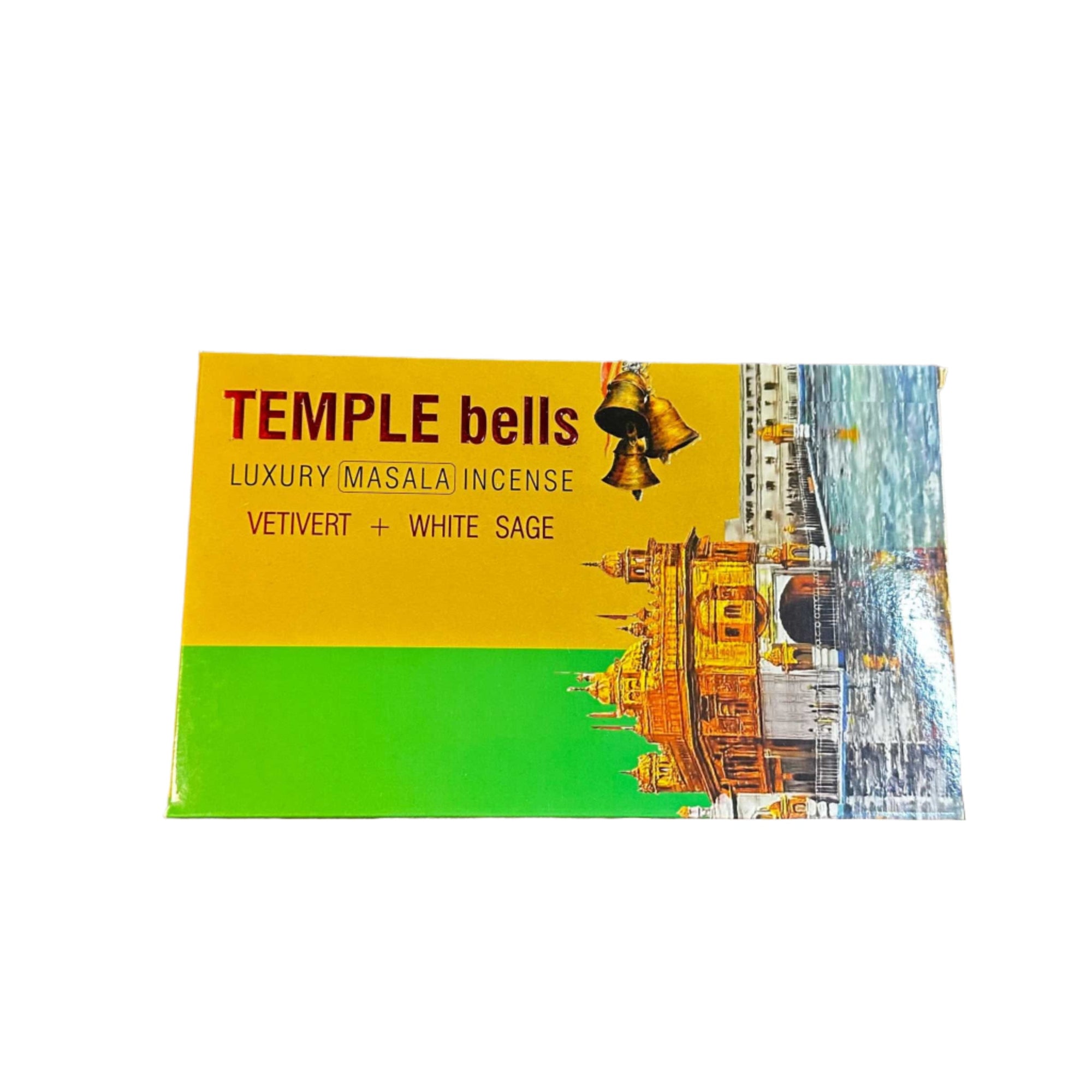 Incense Stick - Namaste India Temple Bells - Vetivert + White Sage packaging with temple image.
