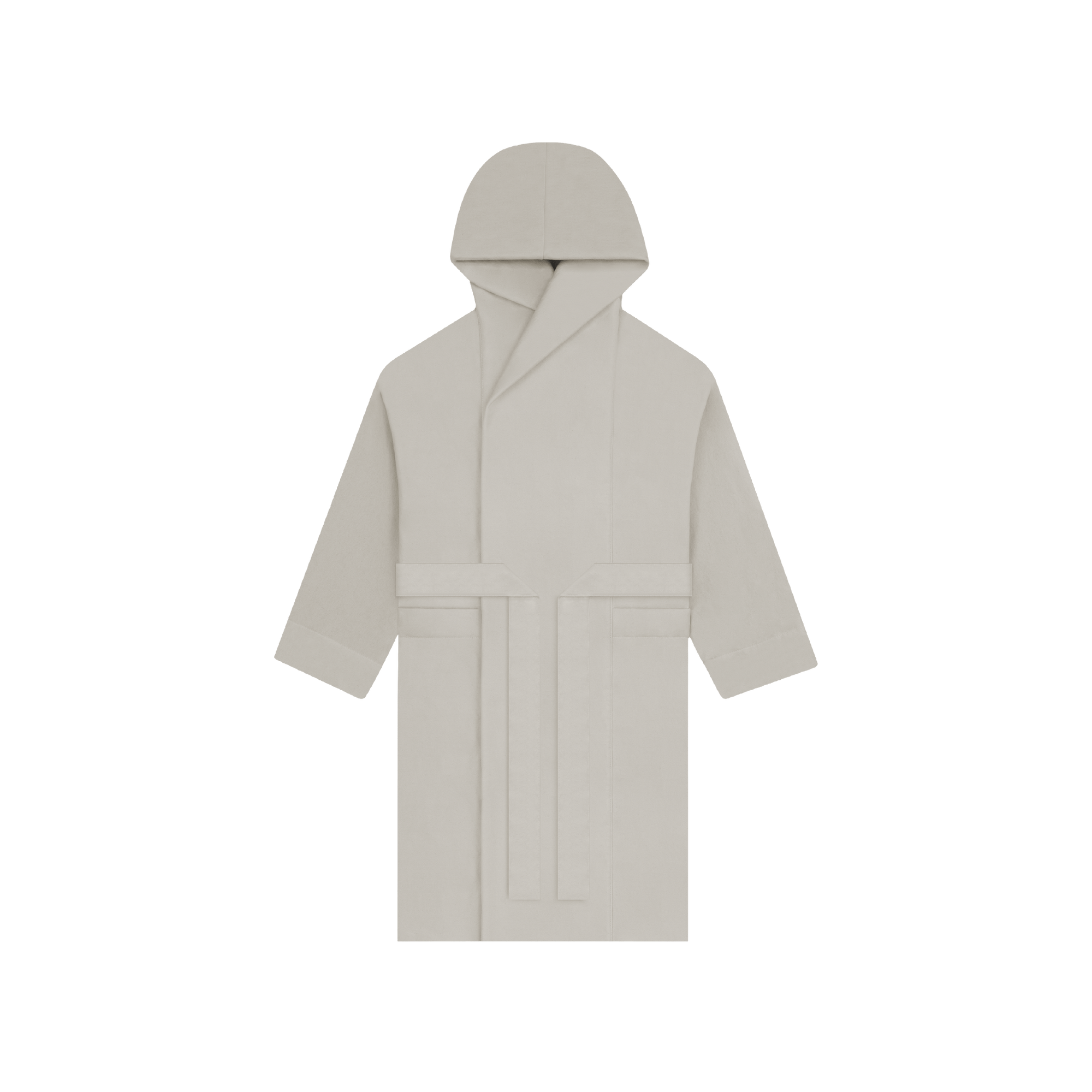 Heavyweight home robe with hood and paneled side openings for meditation.