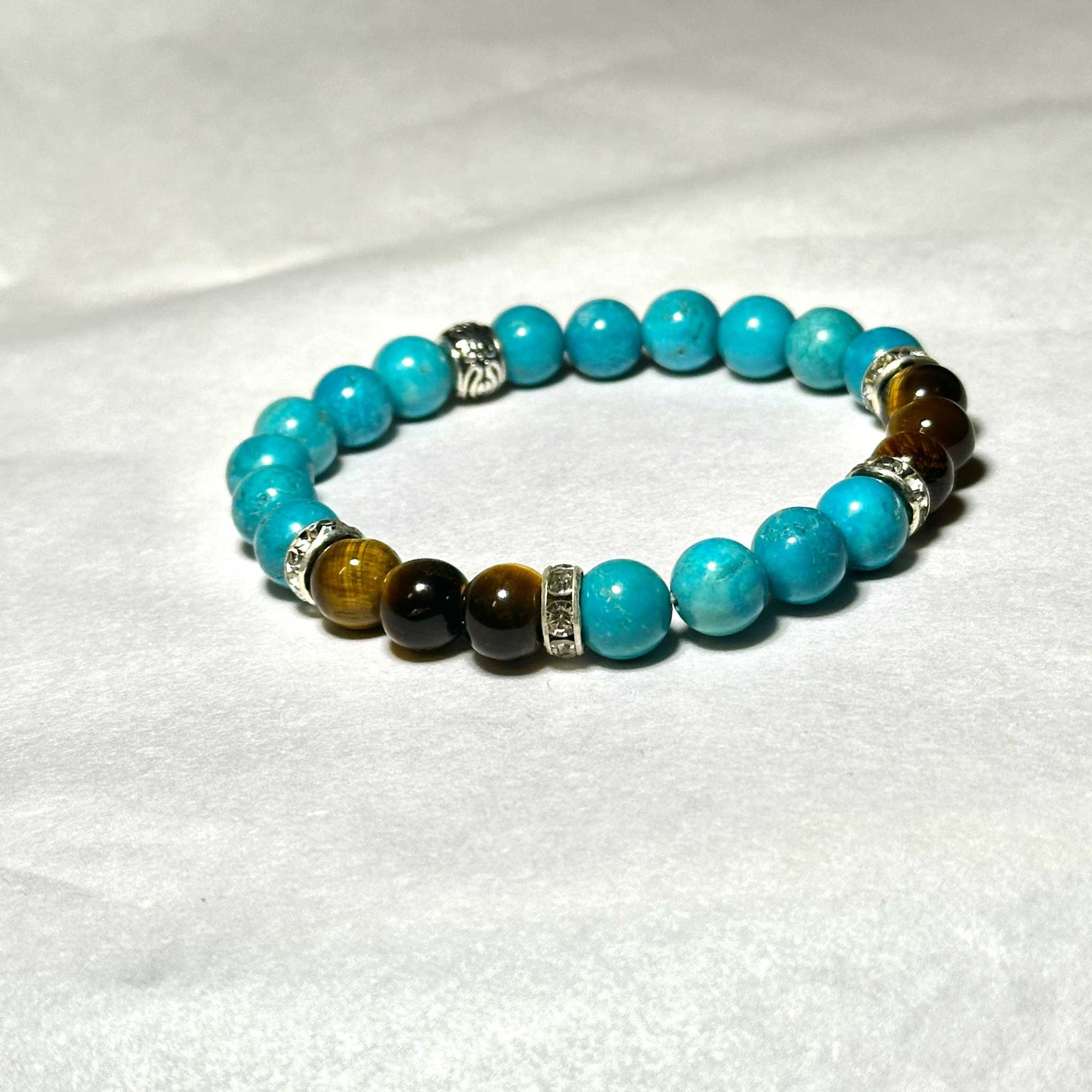 Blue Howlite and Tiger Eye Natural Crystal Round Bead Stackable Bracelet