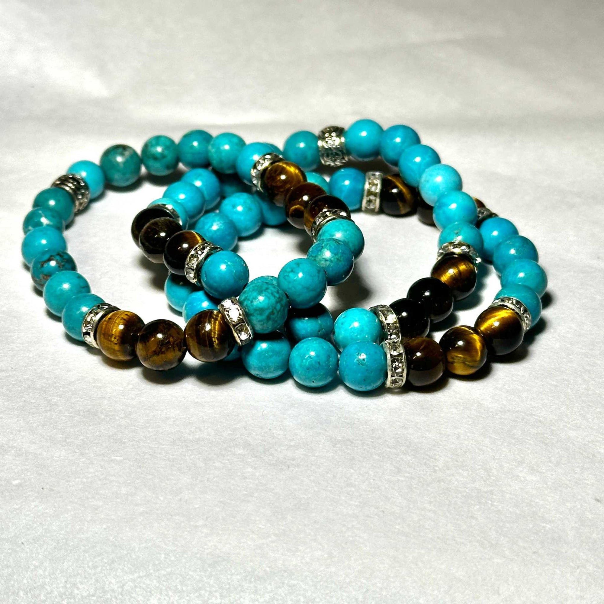 Blue Howlite and Tiger Eye Natural Crystal Round Bead Stackable Bracelet
