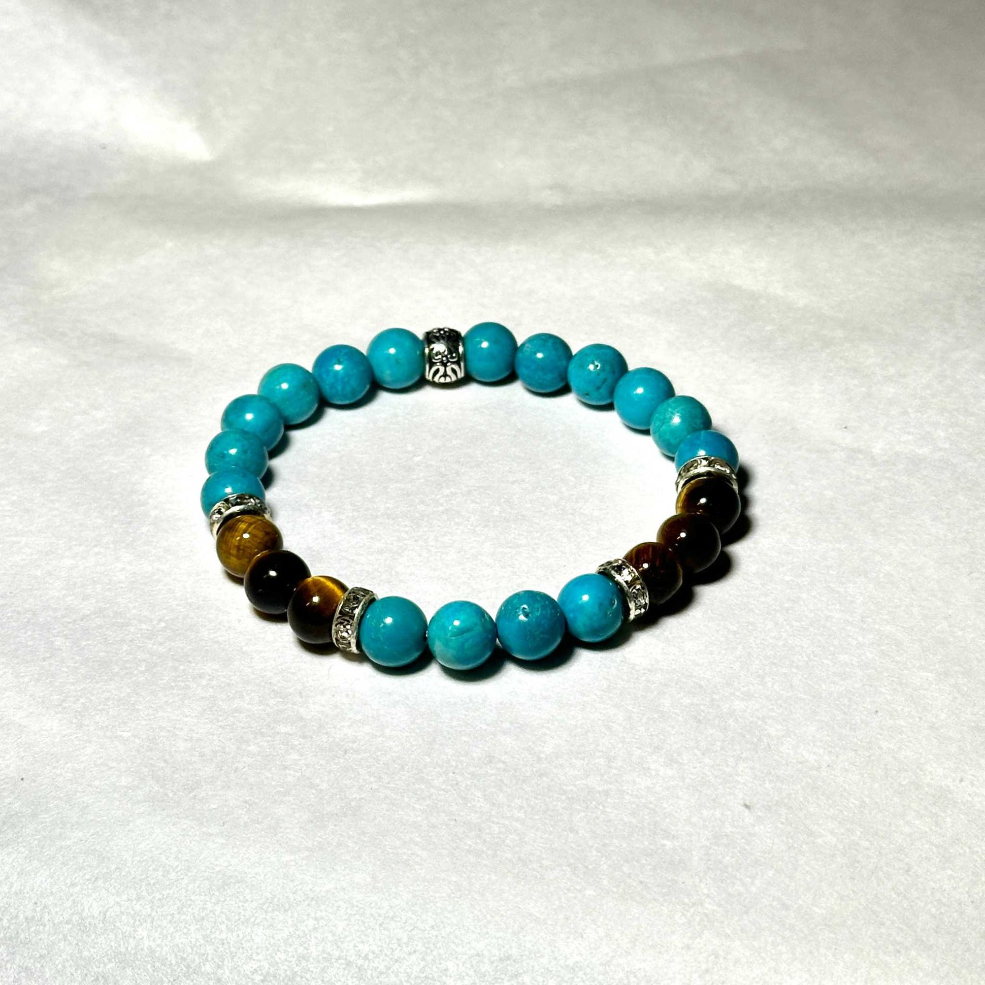 Blue Howlite and Tiger Eye natural crystal round bead stackable bracelet with 8mm beads for balanced emotions and spiritual empowerment