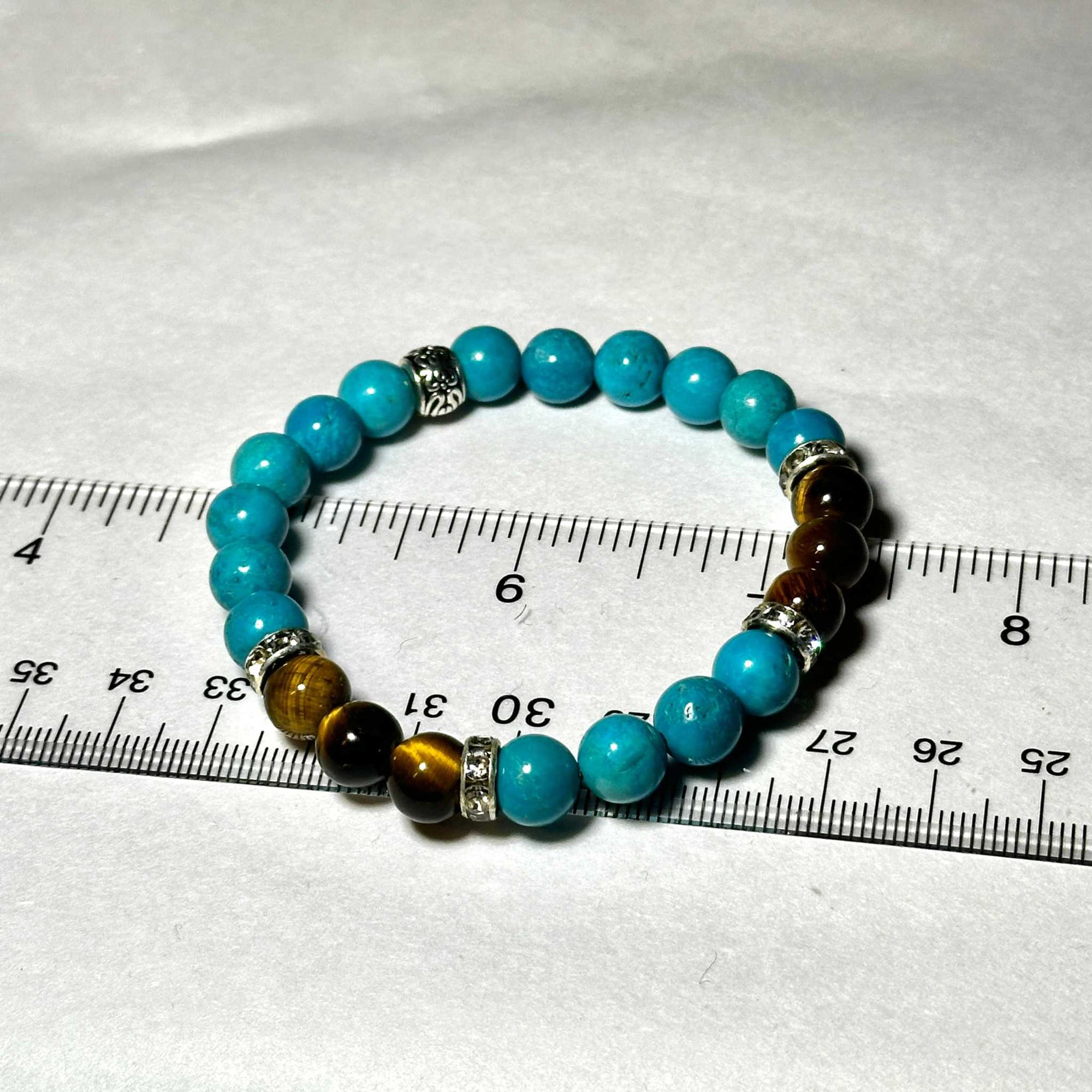 Blue Howlite and Tiger Eye Natural Crystal Round Bead Stackable Bracelet