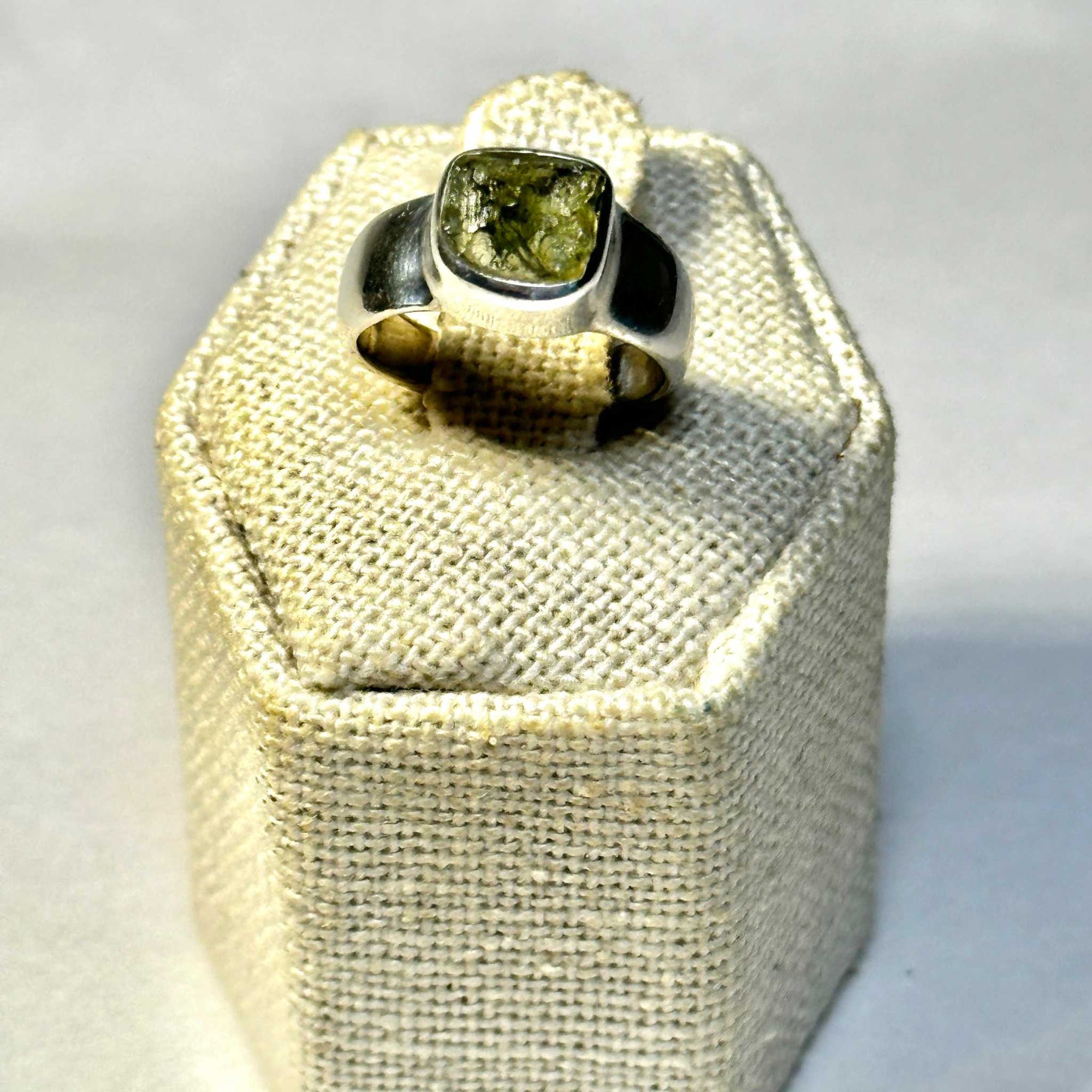 Raw Moldavite Ring Size 5 "Galactic Square"