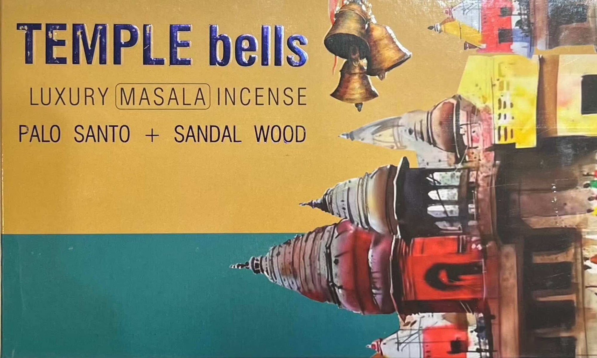 Incense Stick packaging featuring Temple Bells design with Palo Santo and Sandalwood text.