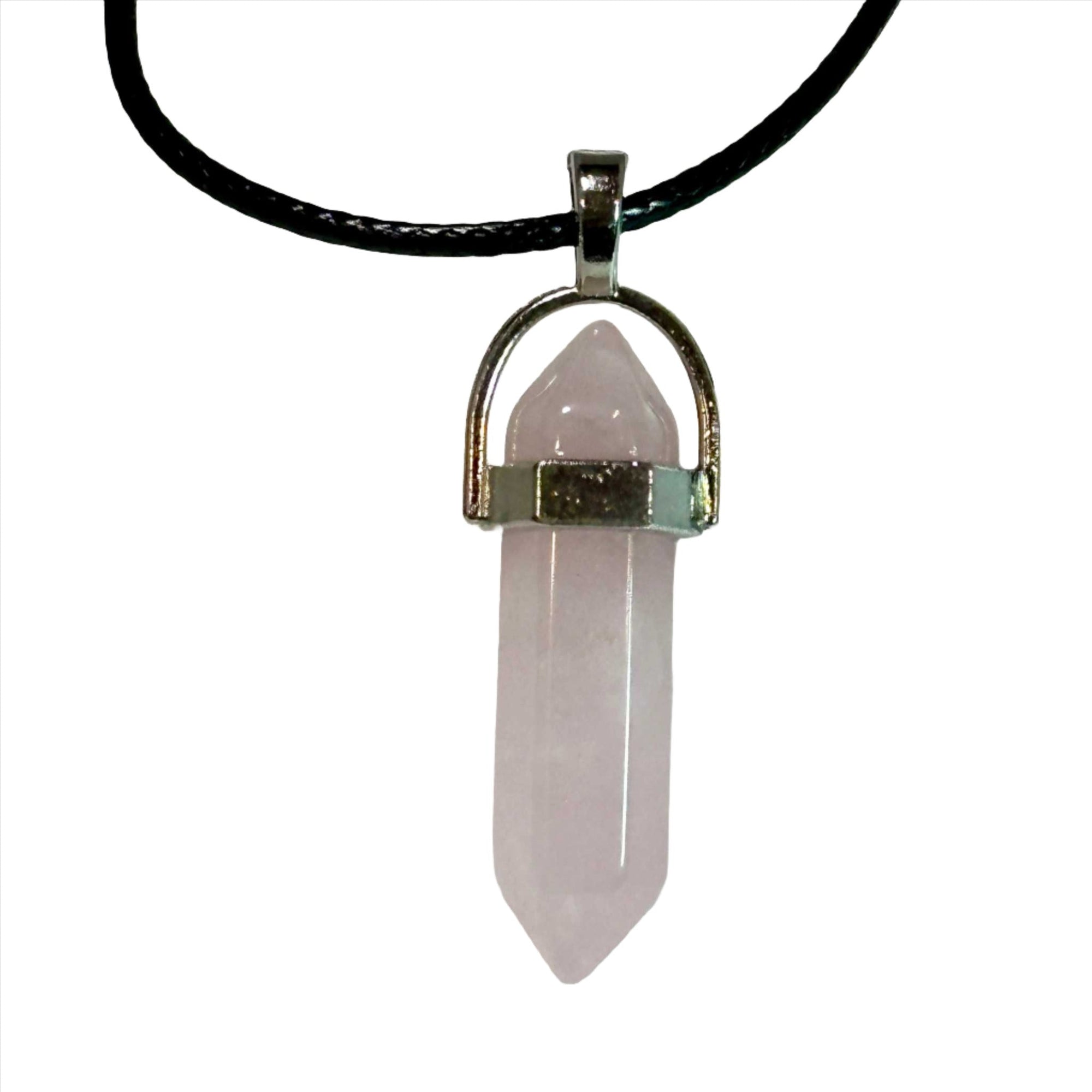 Rose Quartz Bullet Point Necklace on black cord, symbolizing love and self-care.
