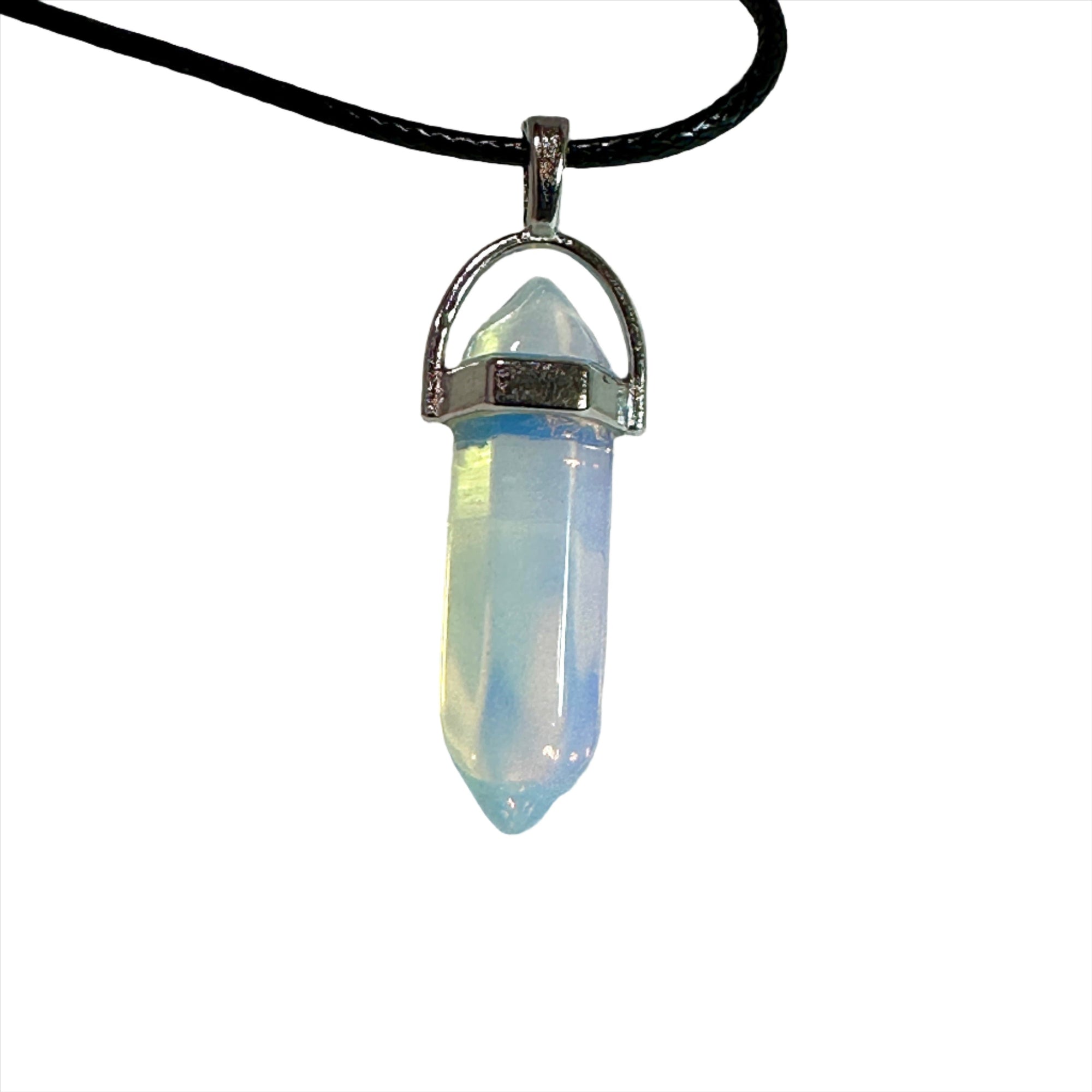 Opalite Bullet Point Necklace with iridescent hues on black cord.