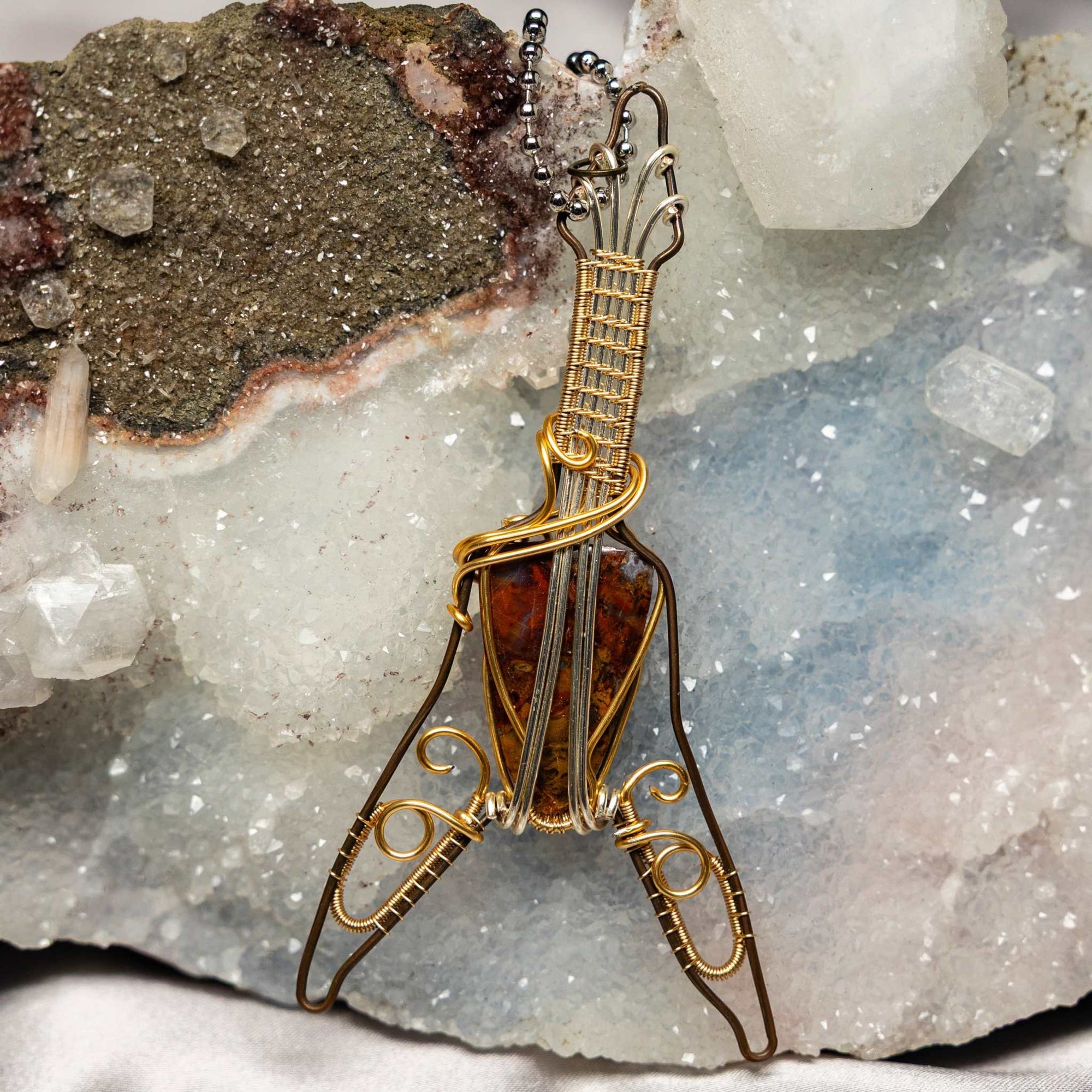 Moss Agate "Guitar" Wire Wrap Crystal Pendant