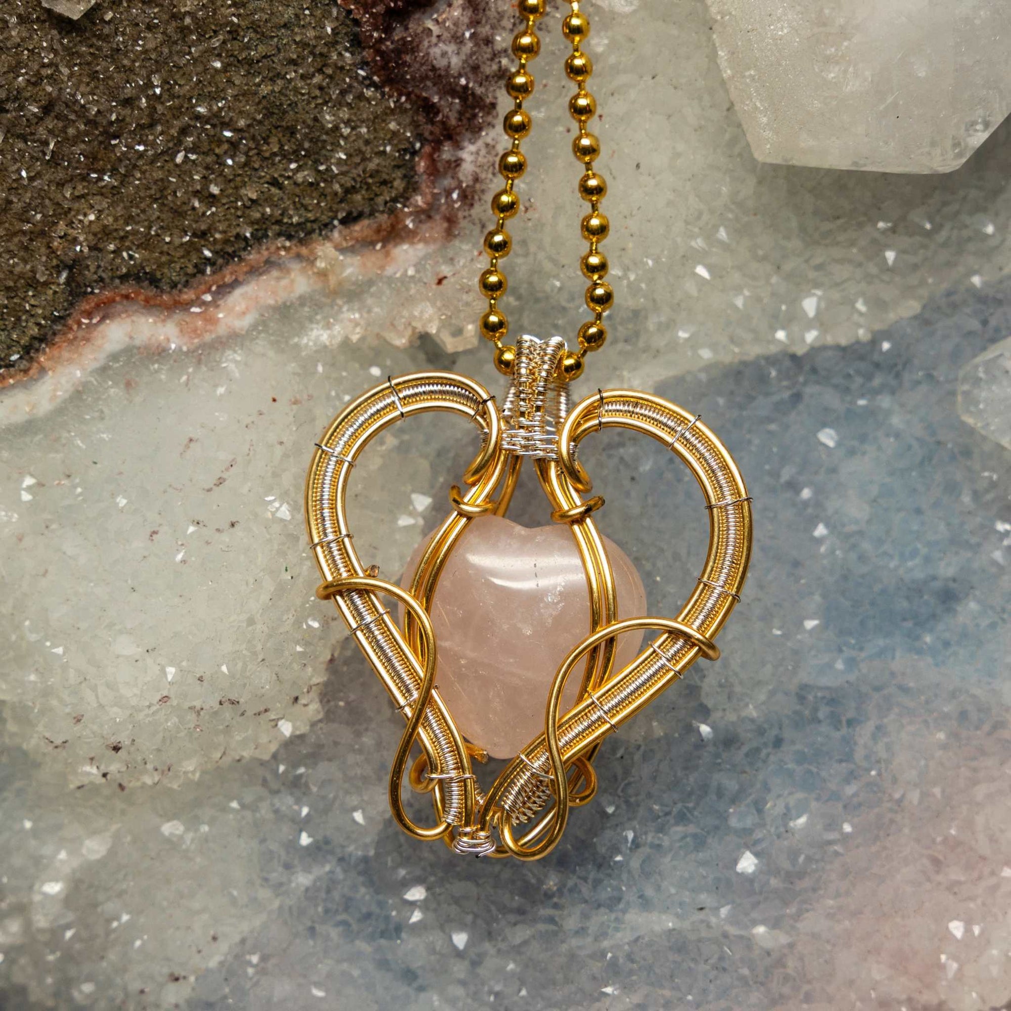 Rose Quartz Heart Wire Wrap Crystal Pendant