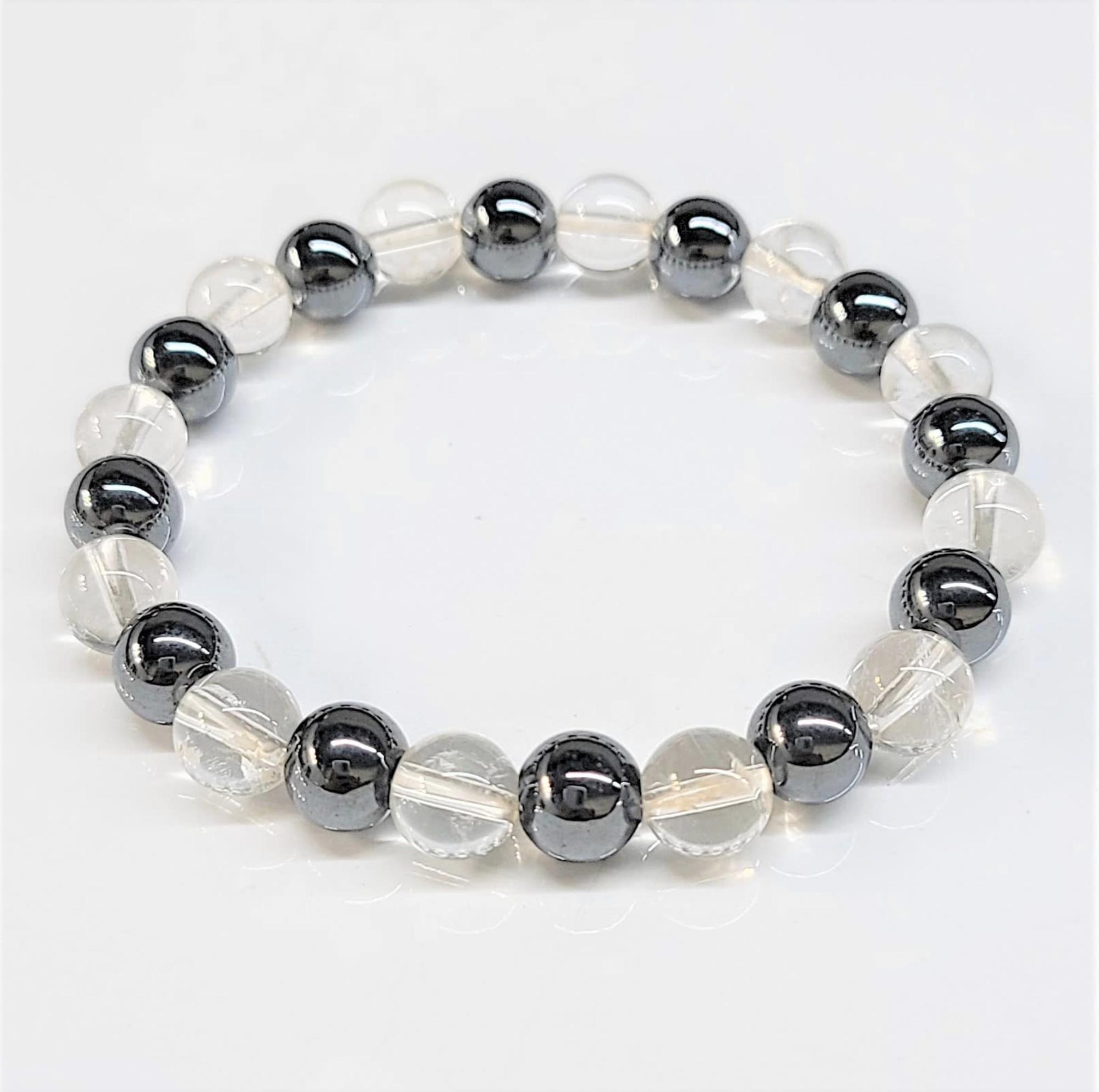 Clear quartz and hematite round bead stackable bracelet with 8mm beads for grounding and energy amplification