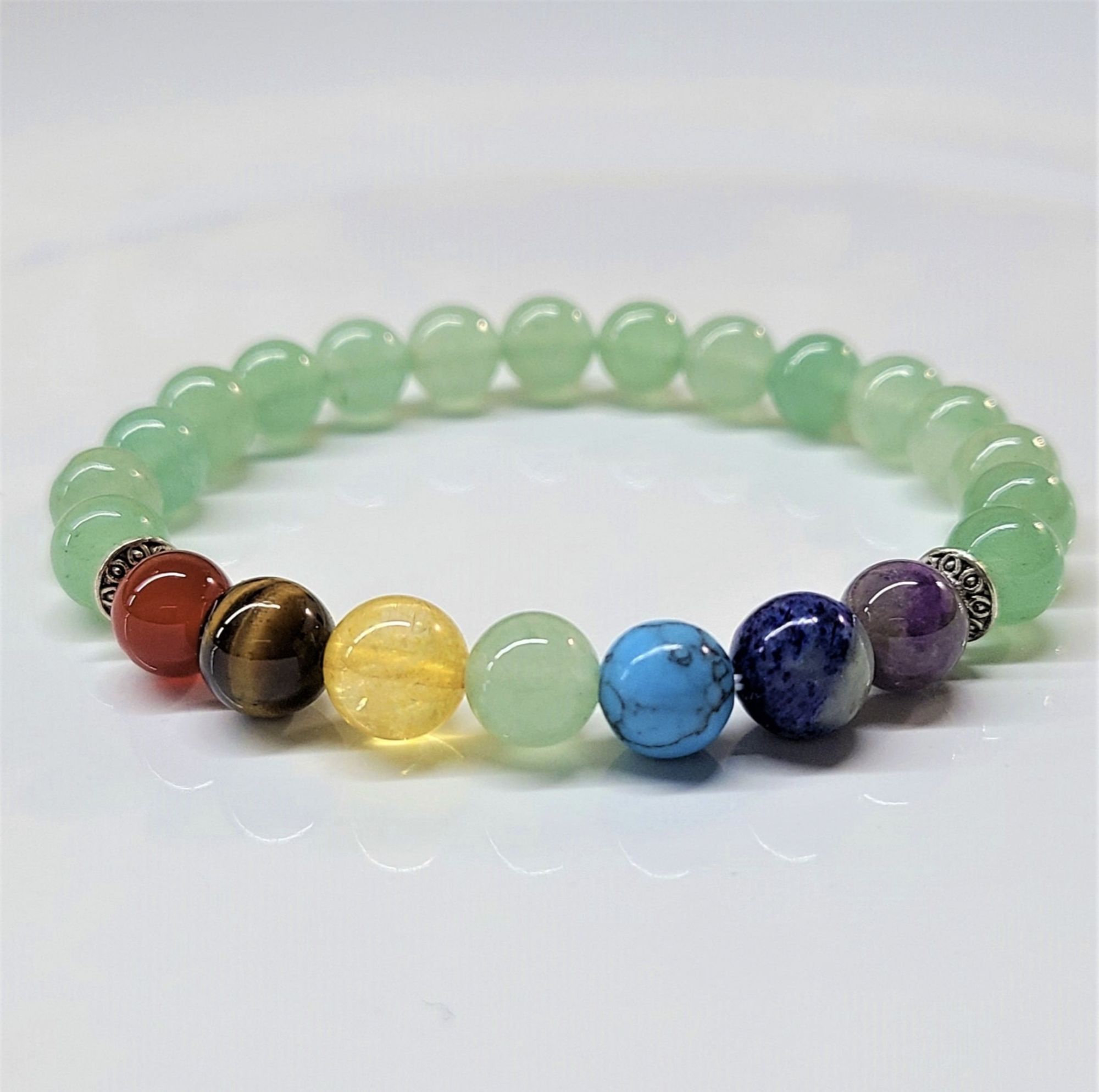 Green Aventurine Chakra bracelet with round 8mm beads featuring seven colorful chakra stones for balance and spiritual growth