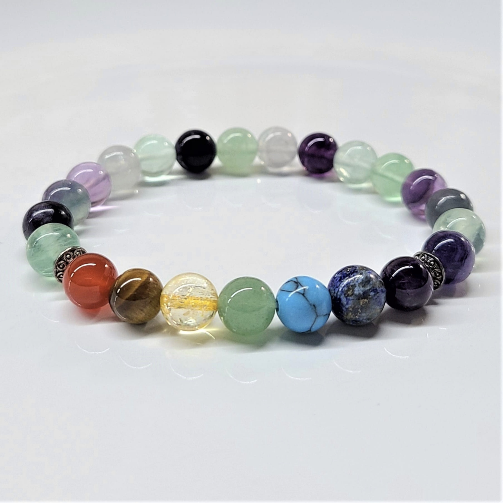 Fluorite Chakra Bracelet with 8mm multicolored round beads for energy balance and spiritual harmony