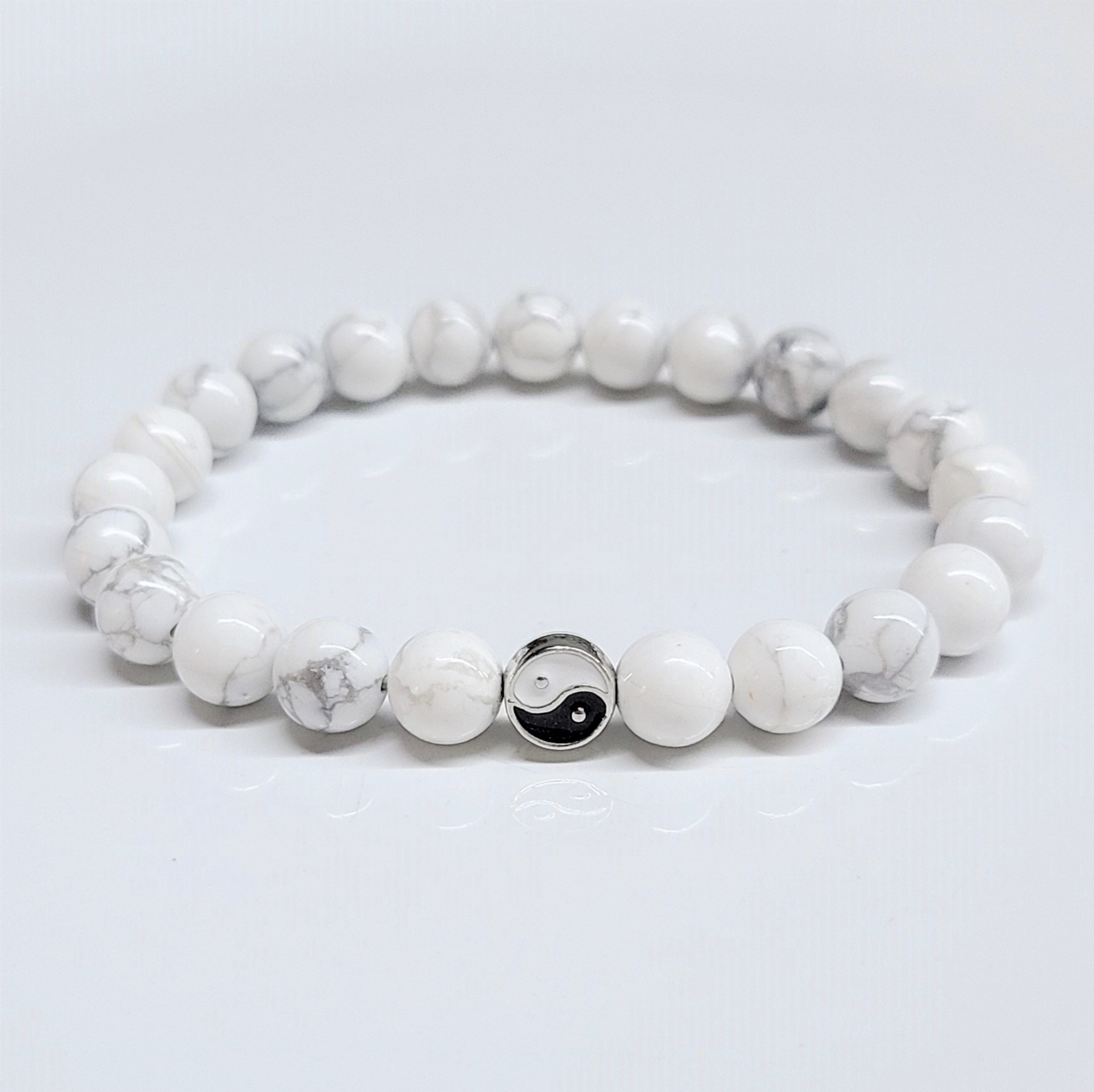 White Howlite Yin Yang round bead bracelet with 8mm beads for balance and harmony