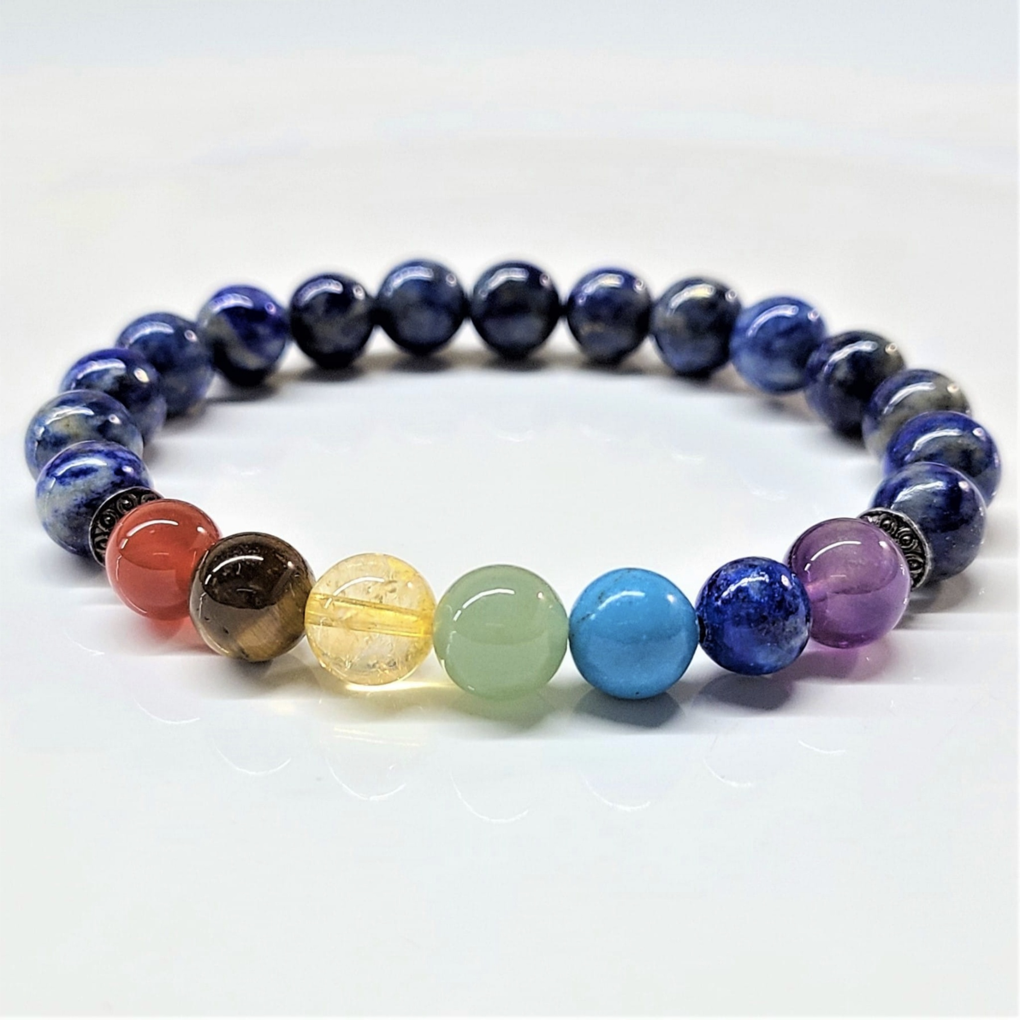Lapis Lazuli Chakra bracelet with round beads in blue and multicolored stones representing the seven chakras for energy balance and spiritual healing