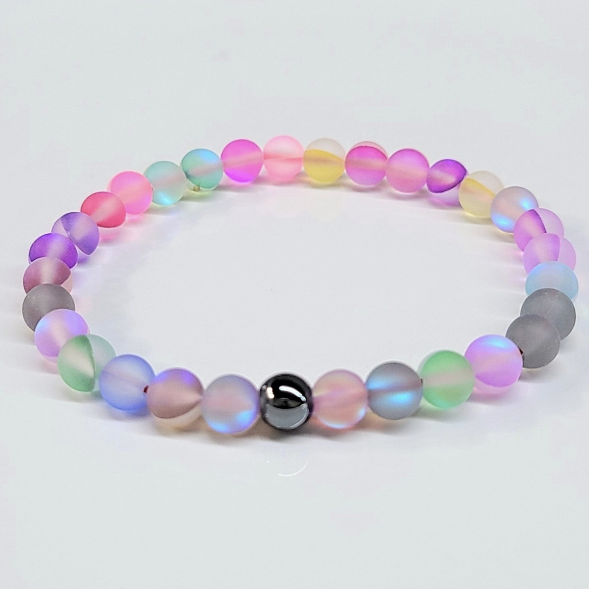 Mermaid Rainbow Glass Stackable Bracelet with 6mm colorful frosted beads and a protective hematite bead.
