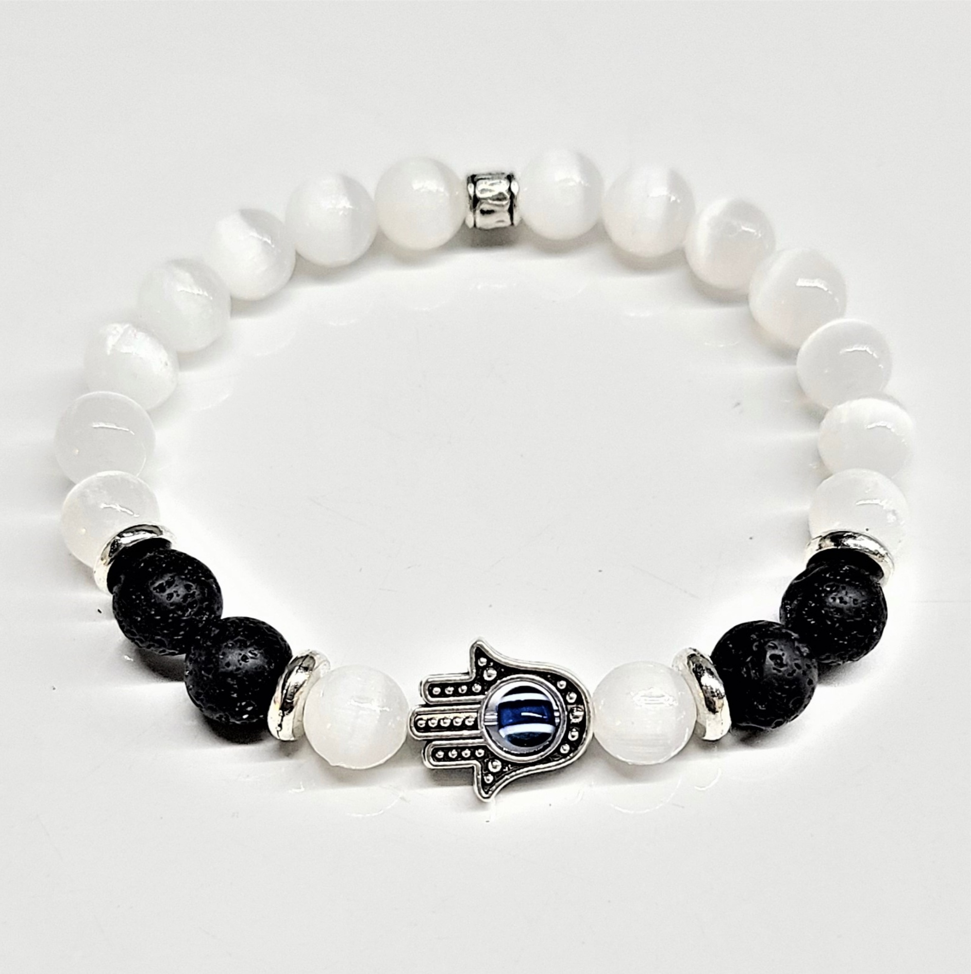 Selenite Lava Hamsa 8mm round bead bracelet with protective hand charm and black lava stone accents