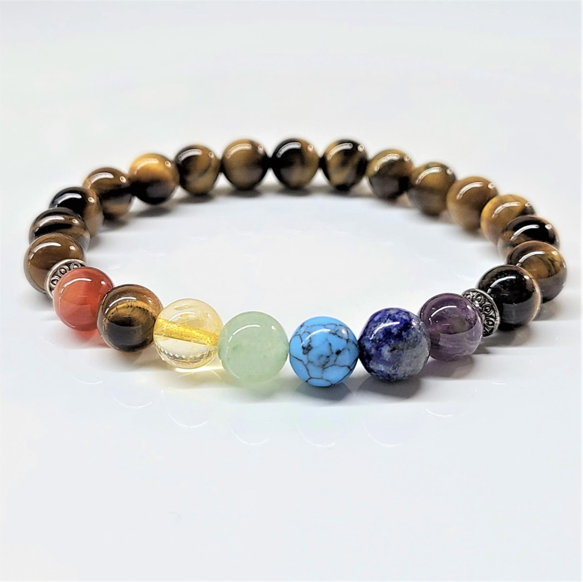 Tiger Eye Chakra bracelet with round beads representing seven chakras, designed for balanced power and energy flow.