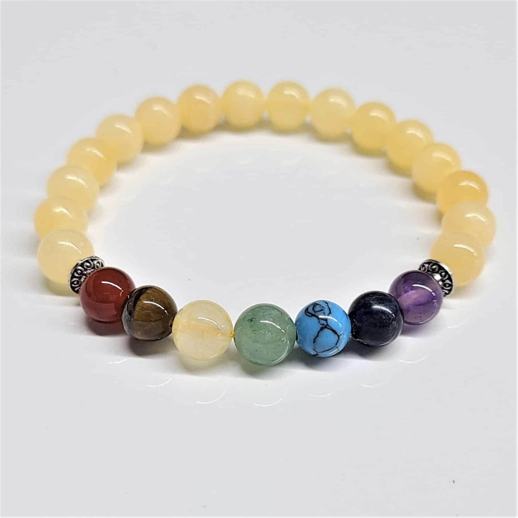 Yellow Jade Chakra Bracelet with 8mm round beads featuring multicolored chakra stones and silver accents