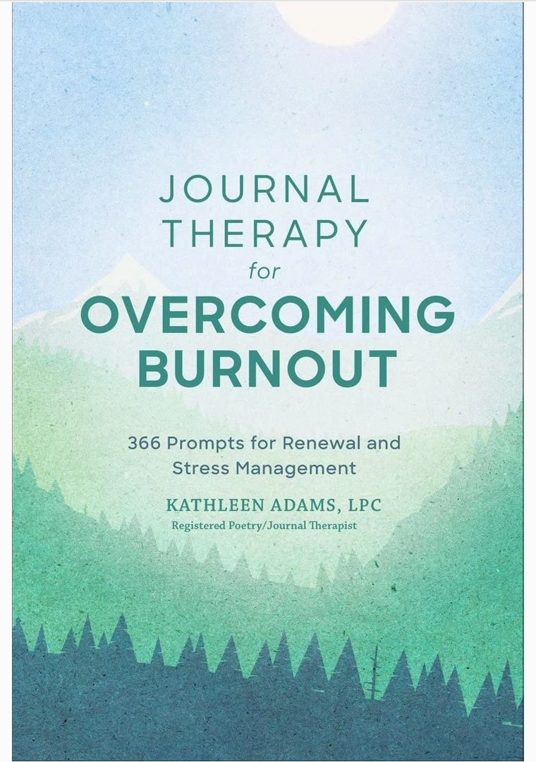 Book cover for "Journal Therapy for Overcoming Burnout" featuring a serene mountain landscape.
