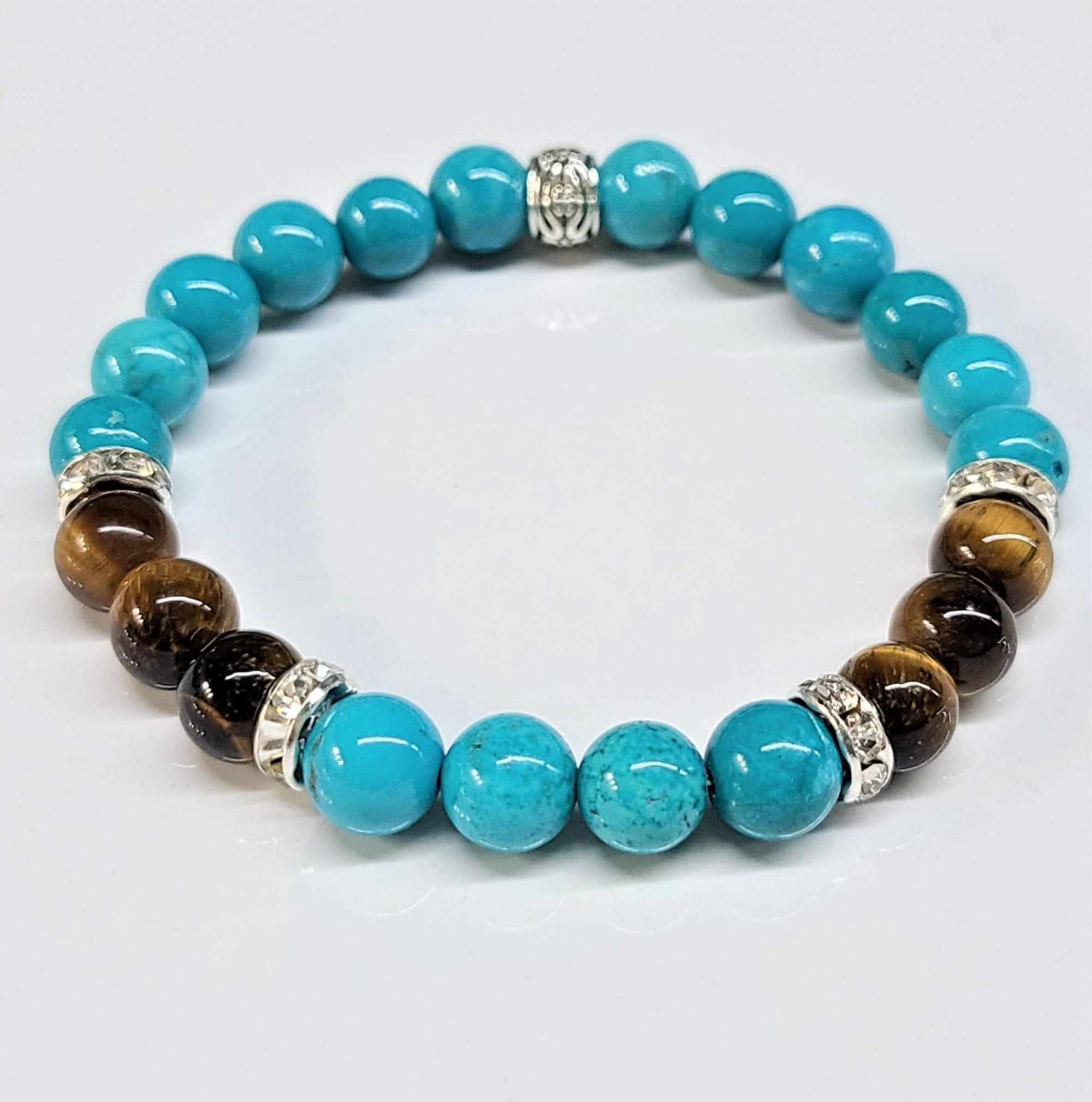 Blue Howlite and Tiger Eye Natural Crystal Round Bead Stackable Bracelet