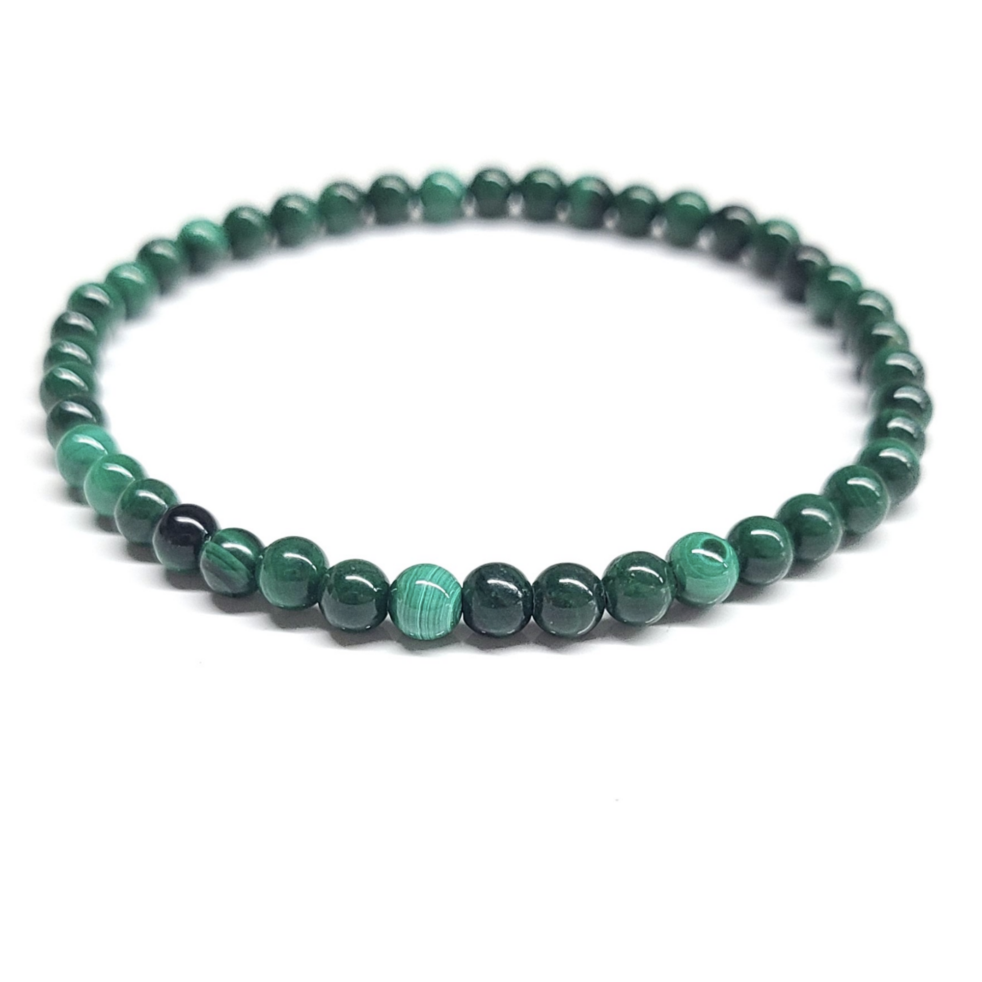 Natural Malachite Bracelet featuring 4mm green gemstone beads with unique band patterns.