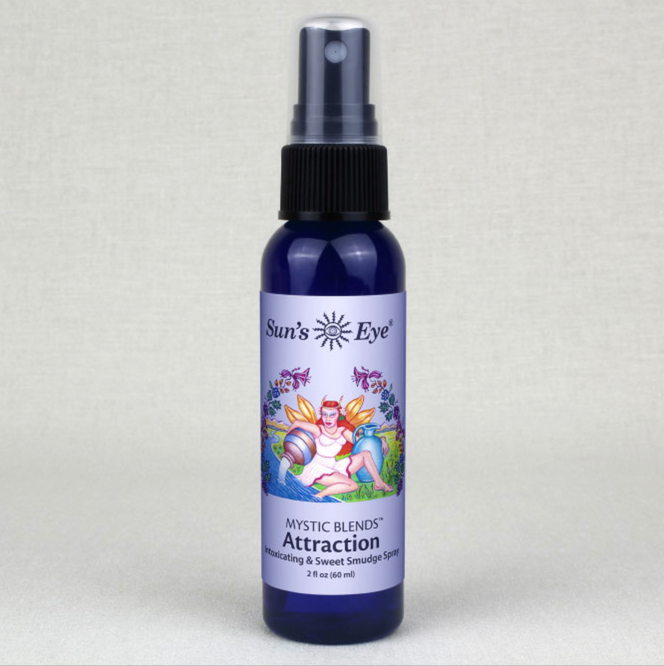 Sun's Eye Attraction Spray 2 oz bottle with a purple label featuring a mystical illustration and floral design.