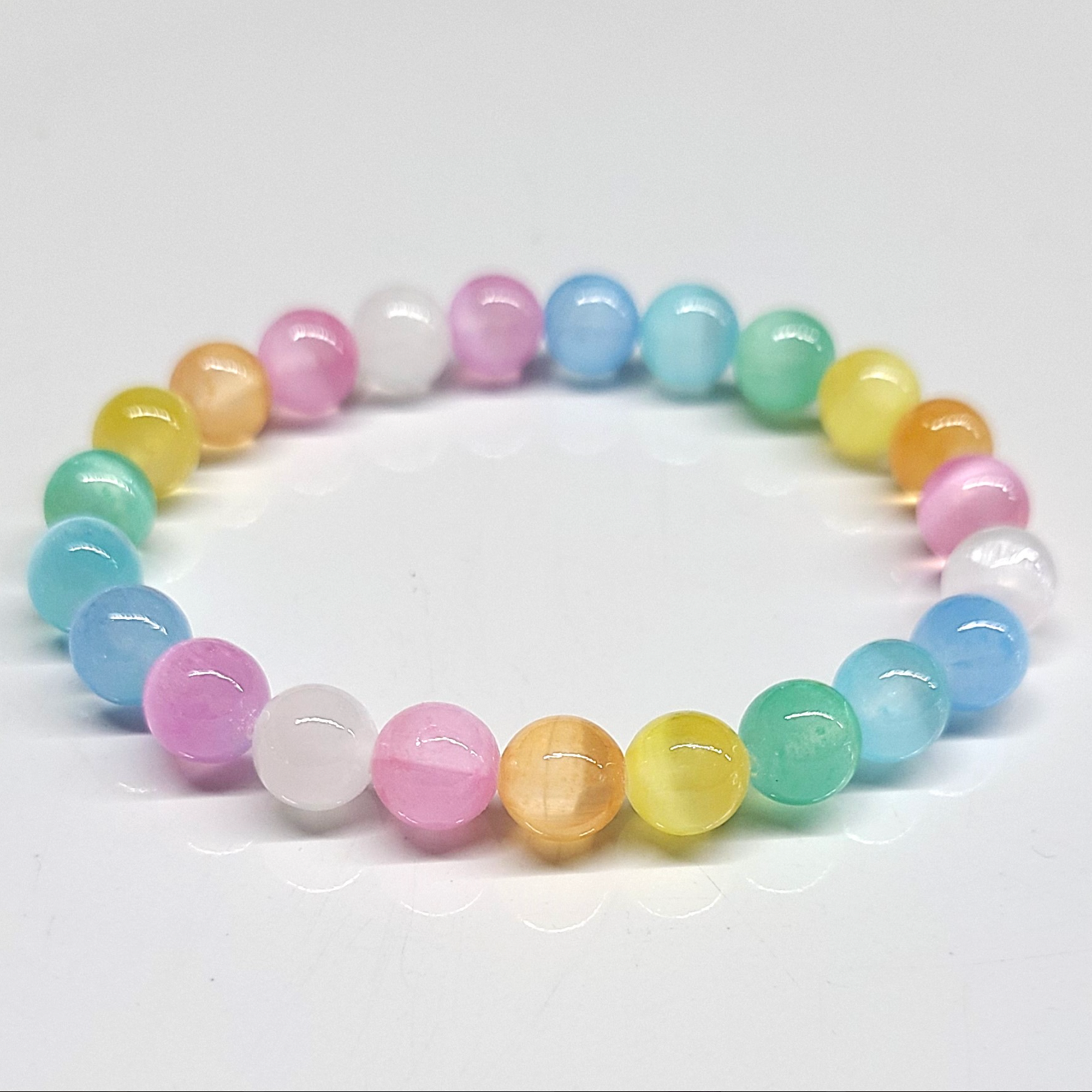 Rainbow candy selenite 8mm round bead stackable bracelet for emotional alignment