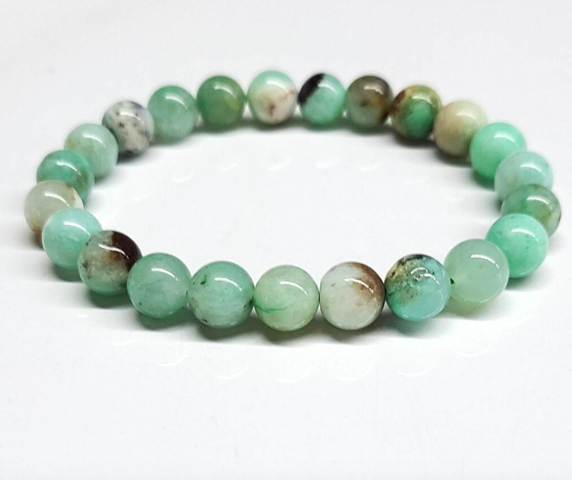 Chrysoprase bracelet with smooth 8mm round green beads for heart healing and abundance.