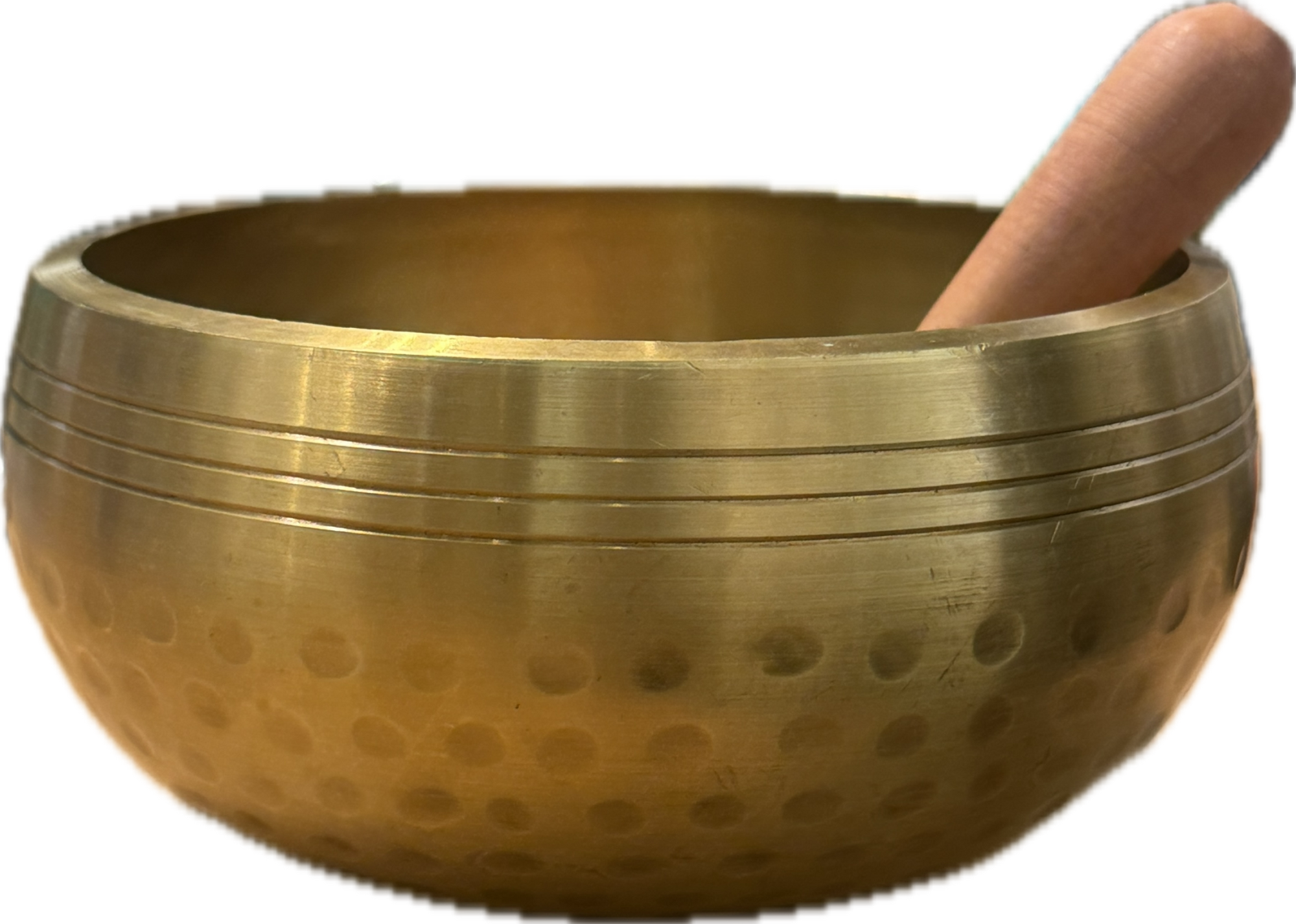 Tibetan Singing Bowl with mallet, 6-inch hand hammered gold.