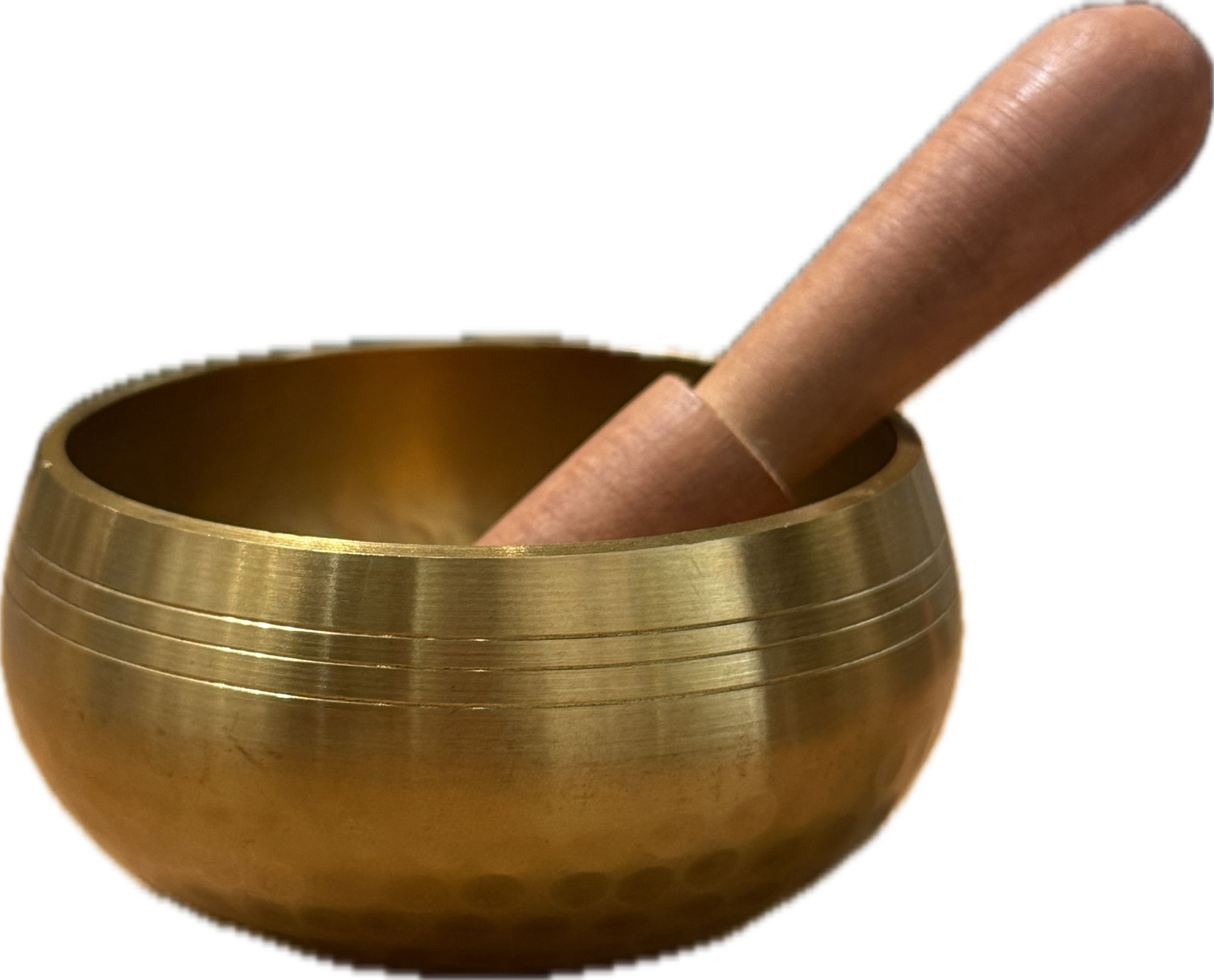 Tibetan singing bowl with mallet, hand hammered gold finish, 4 inches.