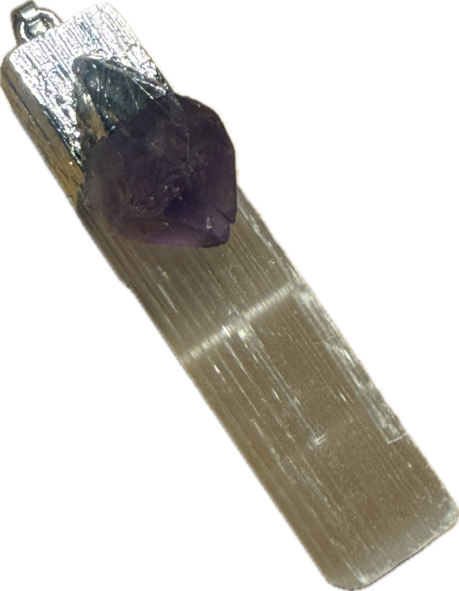 Selenite pendant with amethyst activator for spiritual connection and chakra healing.